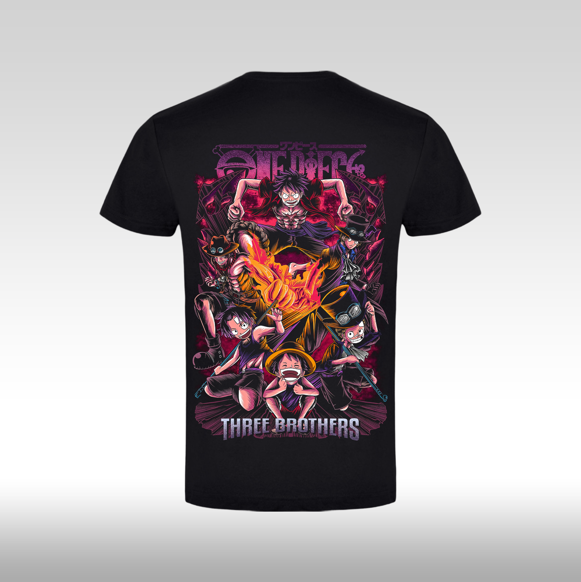 Tricou Negru personalizat bumbac Spate anime "One Piece: Three Brothers" streetwear