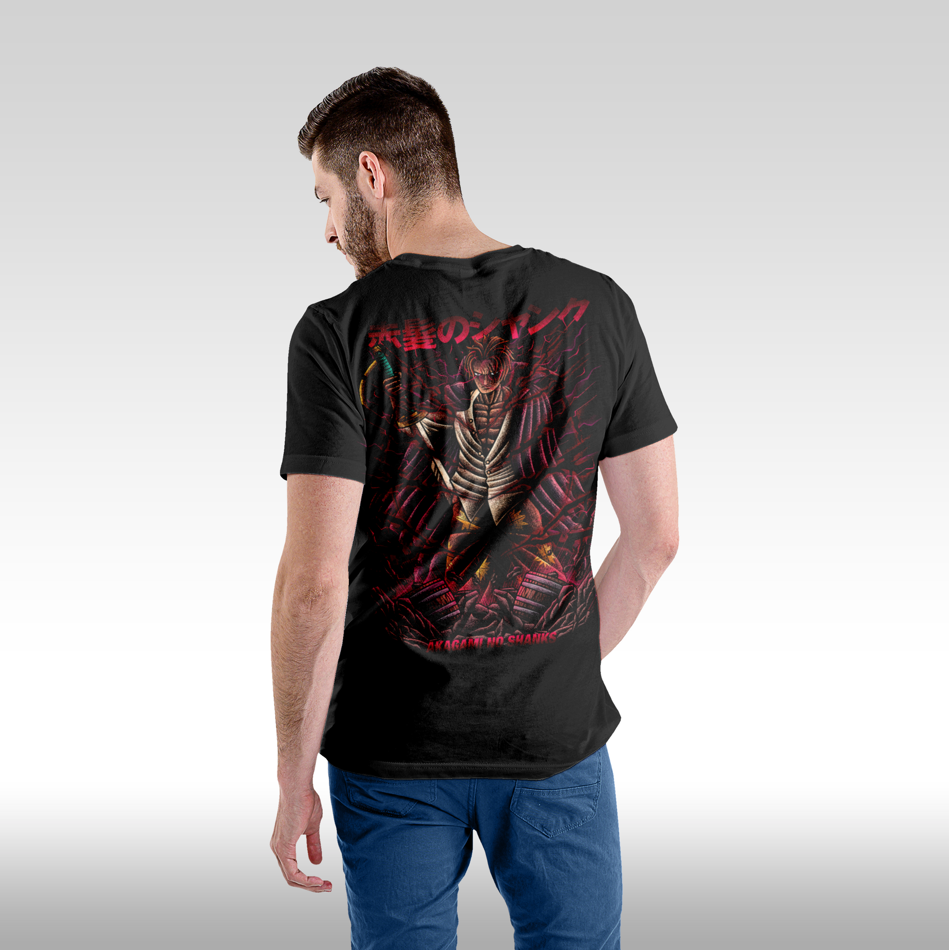 Tricou Negru personalizat bumbac Spate barbat anime "Akagami No Shanks" streetwear