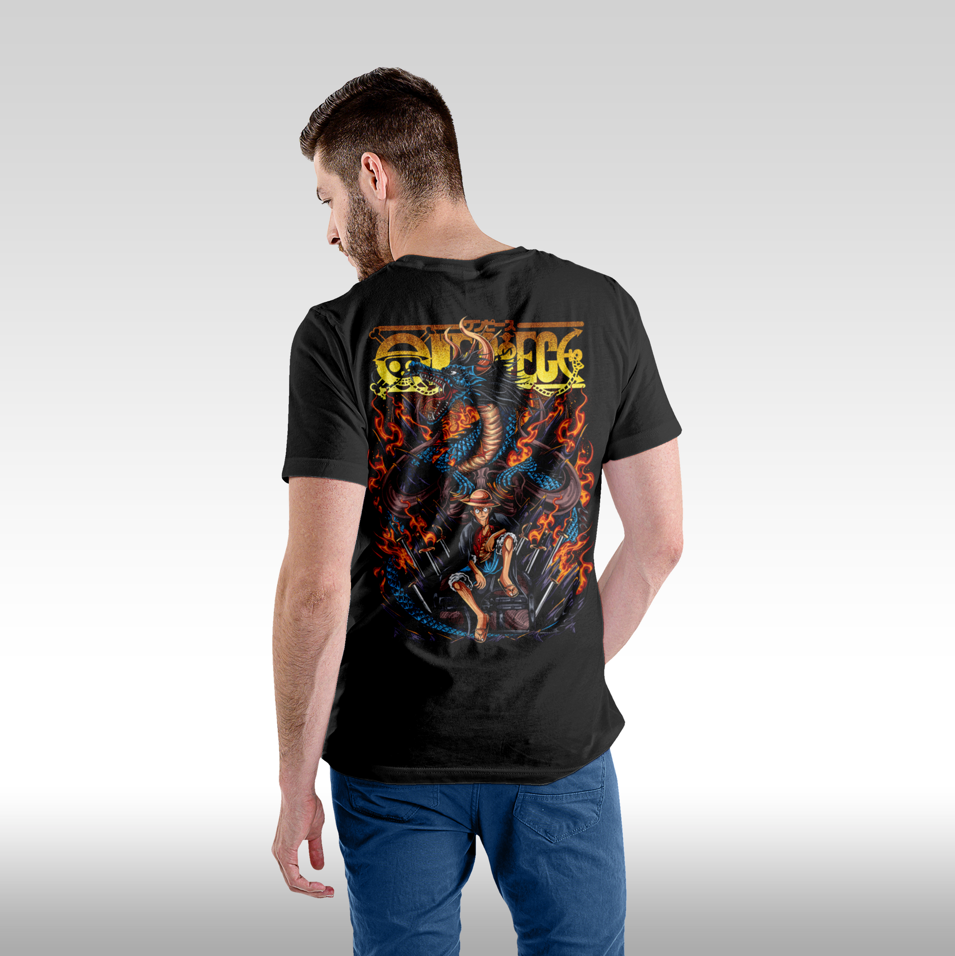 Tricou Negru personalizat bumbac Spate barbat anime "Luffy x Dragon" streetwear