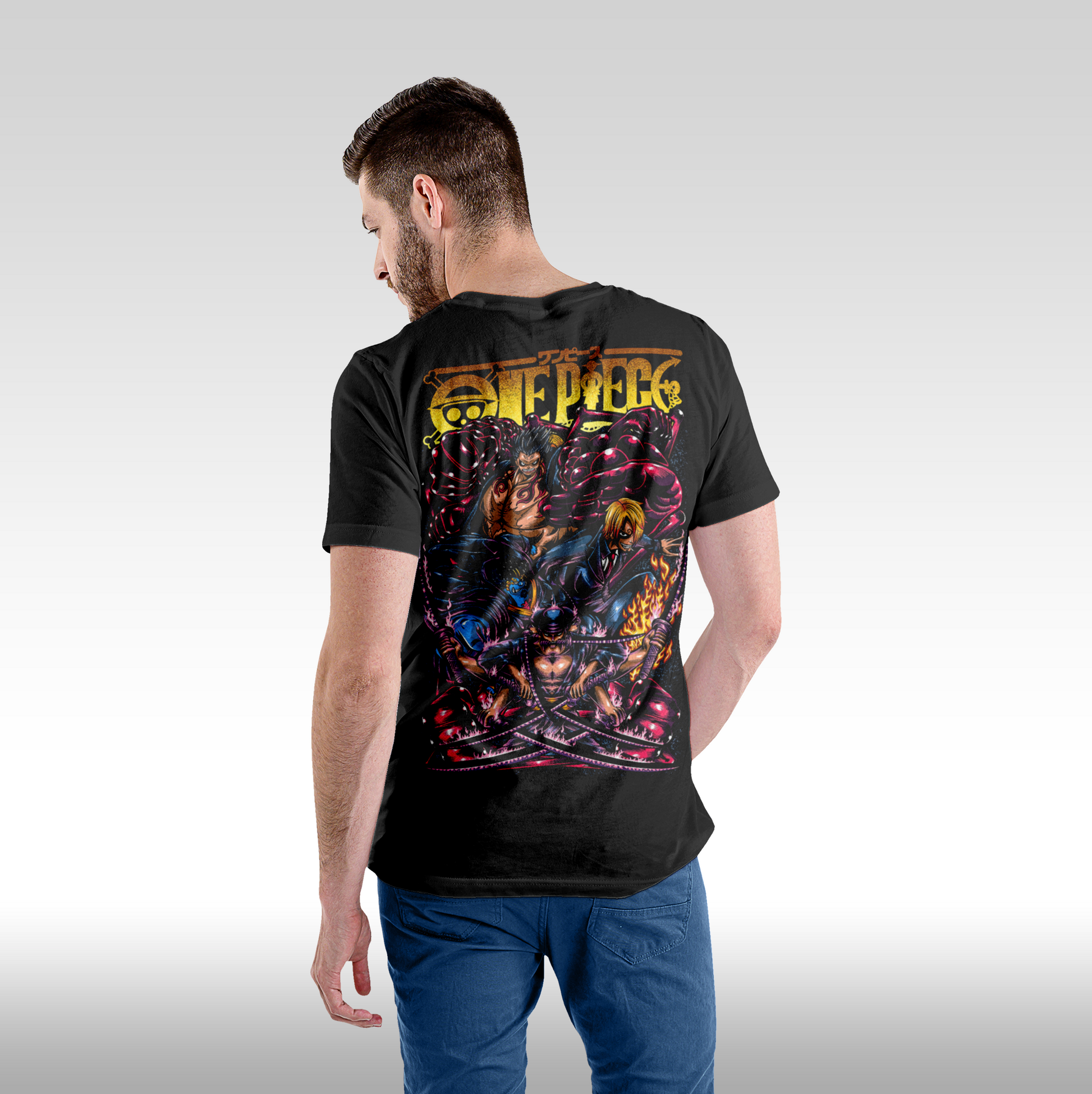 Tricou Negru personalizat bumbac Spate barbat anime "One Piece: Monster Team" streetwear