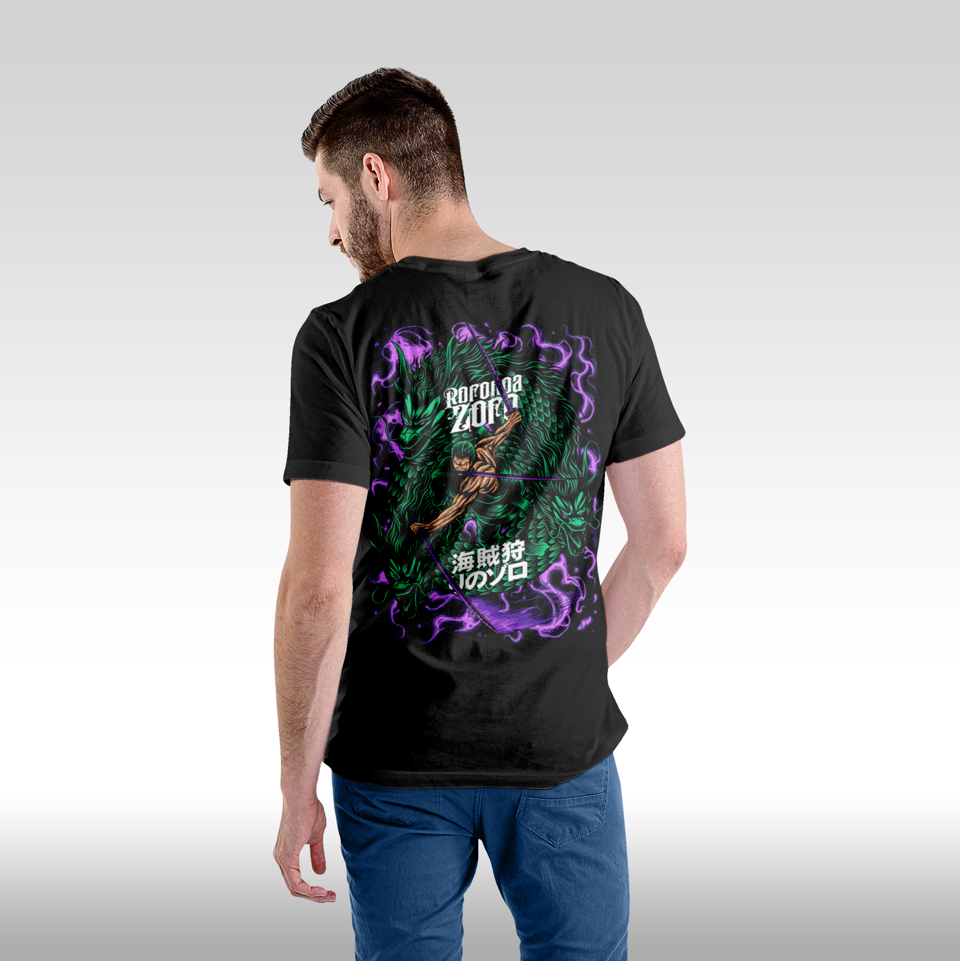 Tricou Negru personalizat bumbac Spate barbat anime "One Piece: Roronoa Zoro" streetwear