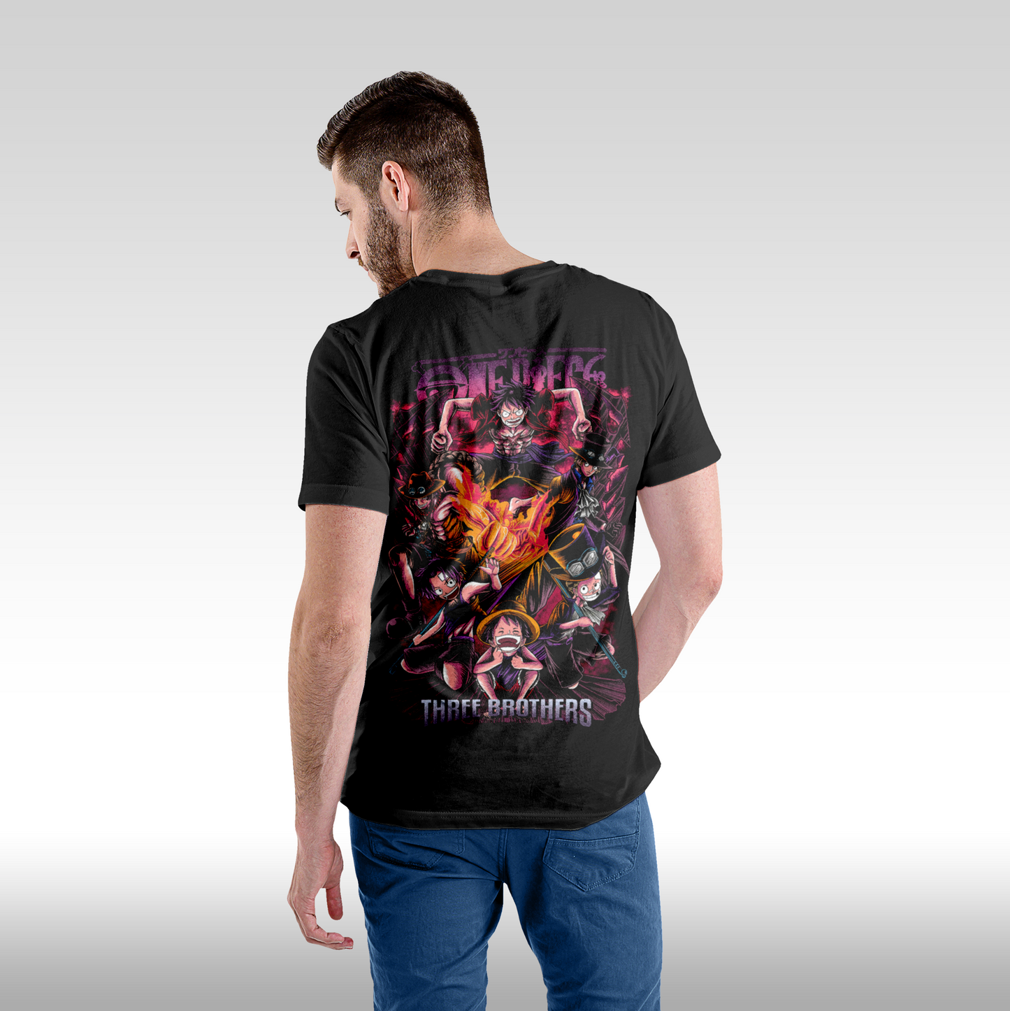 Tricou Negru personalizat bumbac Spate barbat anime "One Piece: Three Brothers" streetwear