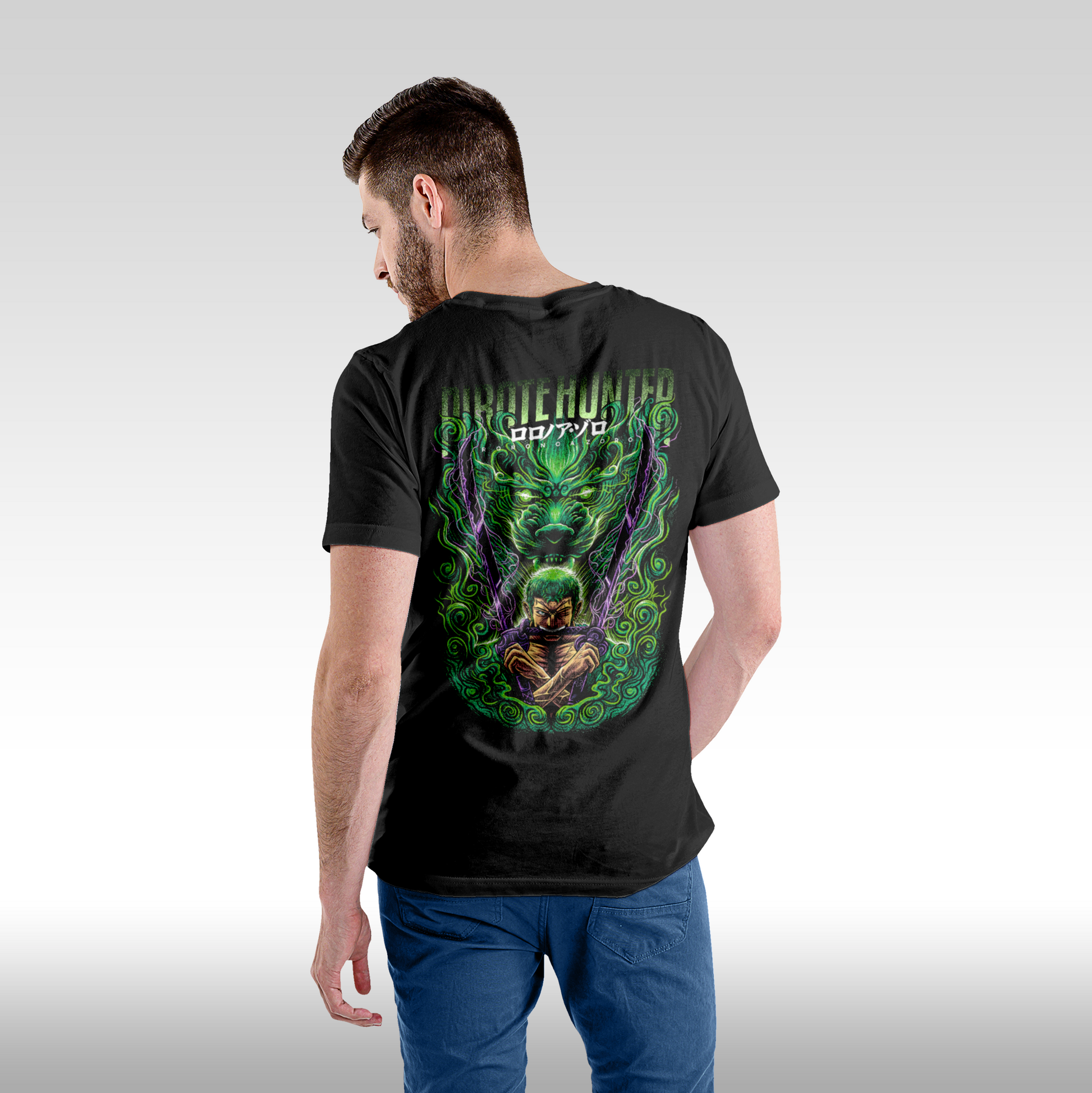 Tricou Negru personalizat bumbac Spate barbat anime "Pirate Hunter: Roronoa" streetwear