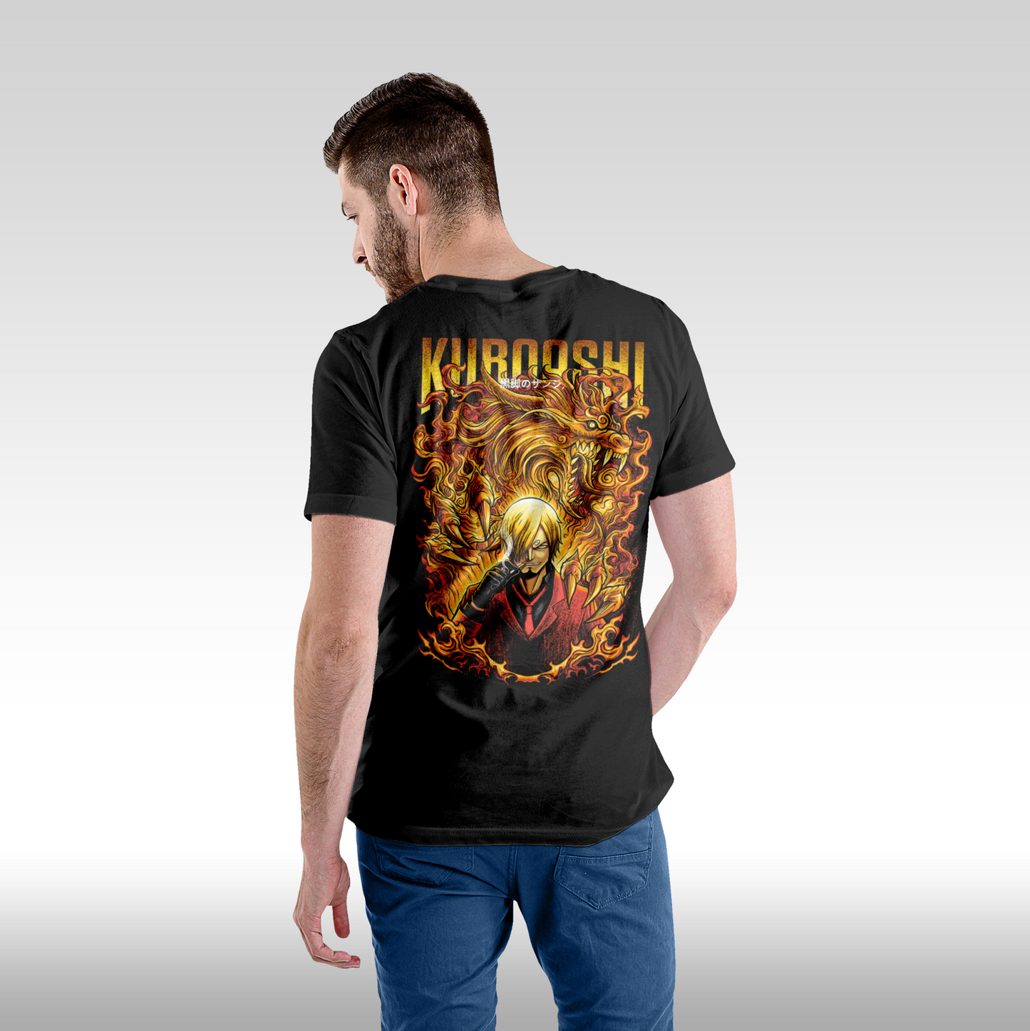 Tricou Negru personalizat bumbac Spate barbat anime "Sanji Kuroashi" streetwear