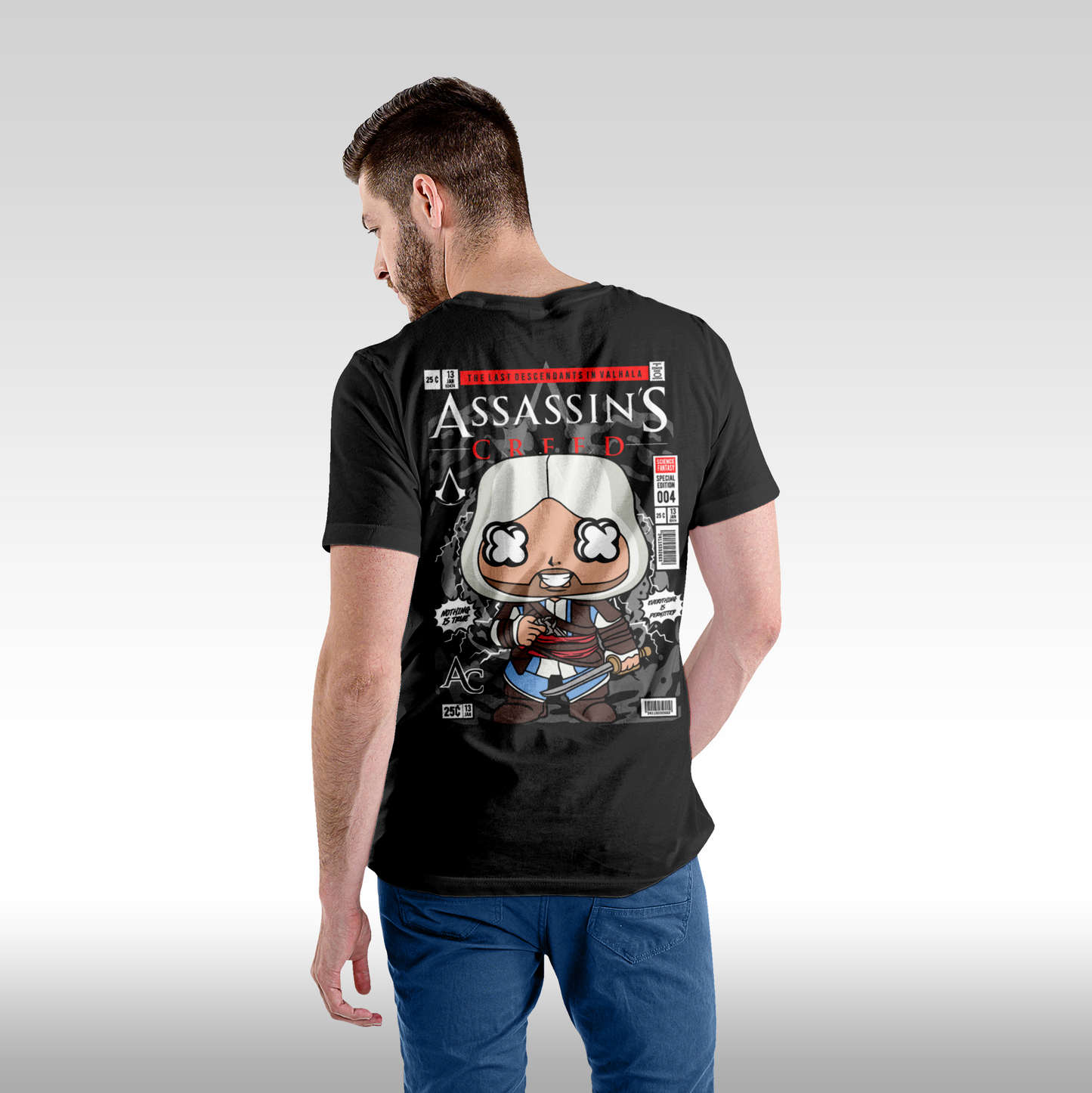 Tricou Negru personalizat bumbac Spate barbat urban "Assassin's Creed" streetwear