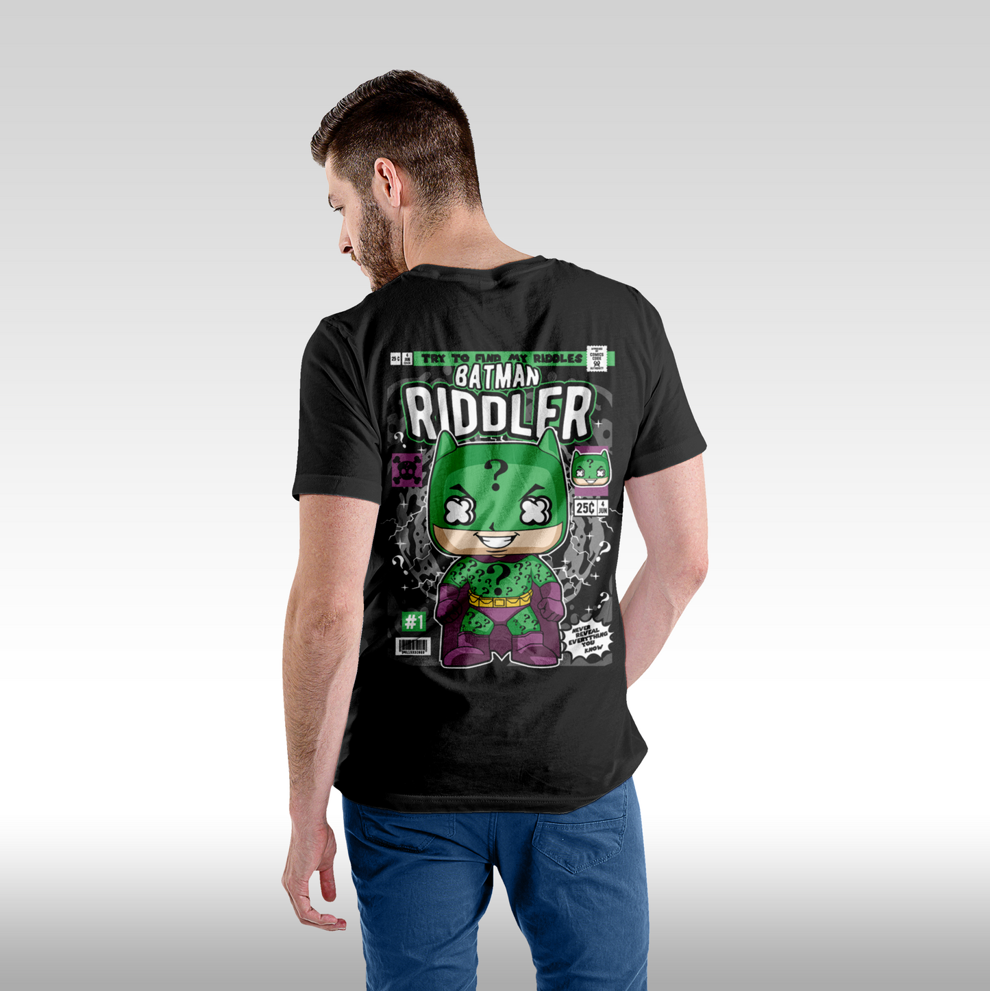 Tricou Negru personalizat bumbac Spate Barbat urban "Batman the Riddler" streetwear
