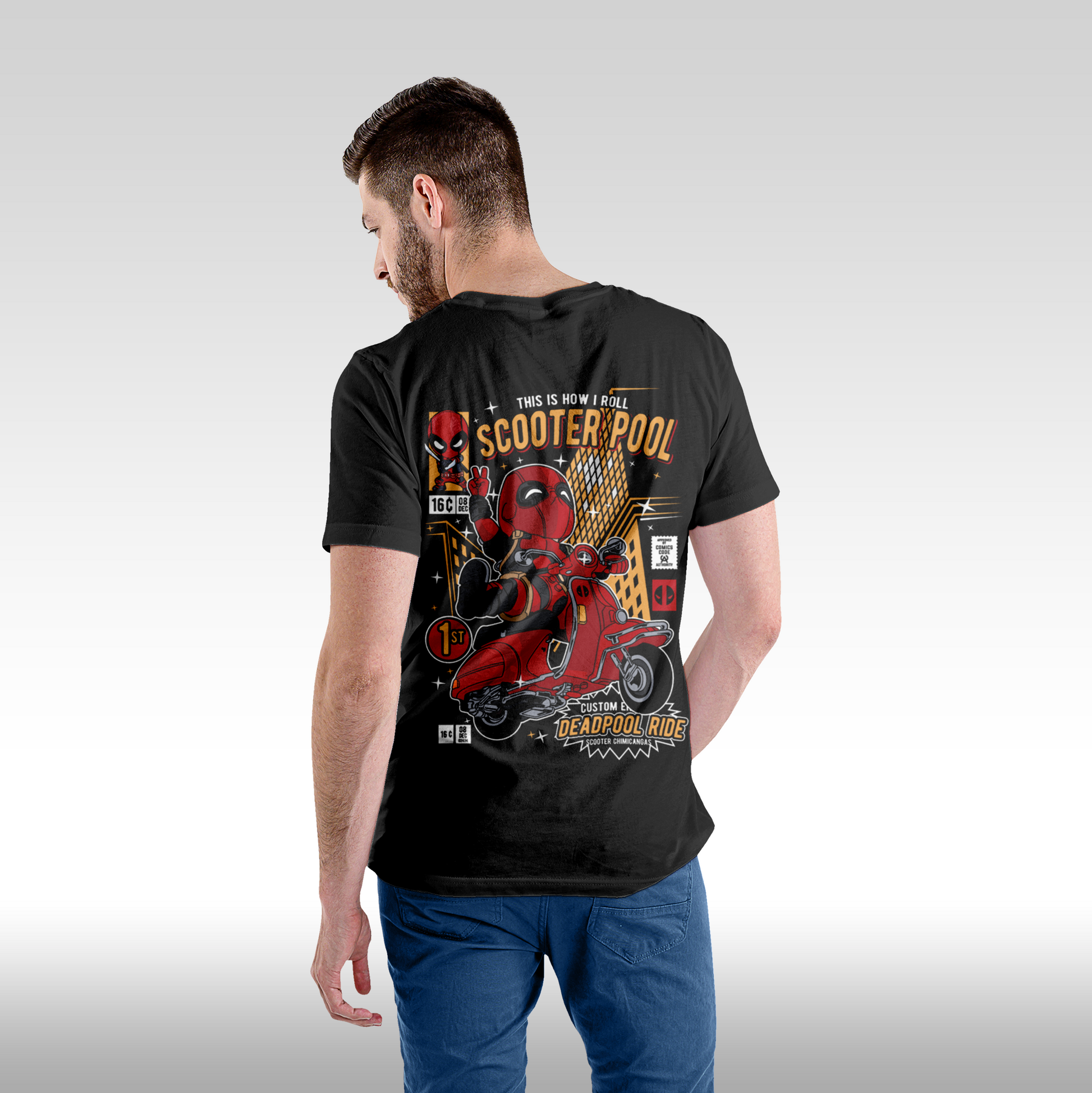 Tricou Negru personalizat bumbac Spate Barbat urban "DeadPool Ride" streetwear
