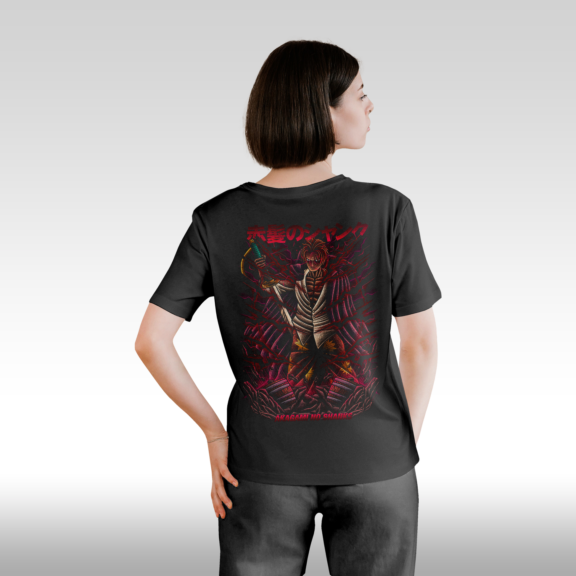 Tricou Negru personalizat bumbac Spate Dama anime "Akagami No Shanks" streetwear