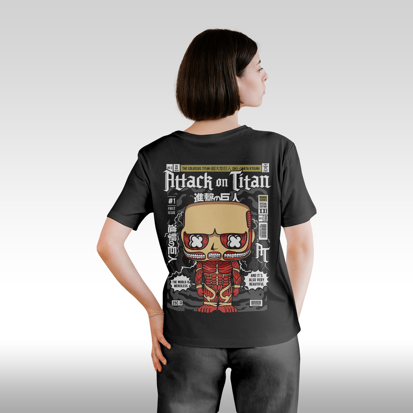 Tricou Negru personalizat bumbac Spate Dama urban "Attack on Titan" streetwear