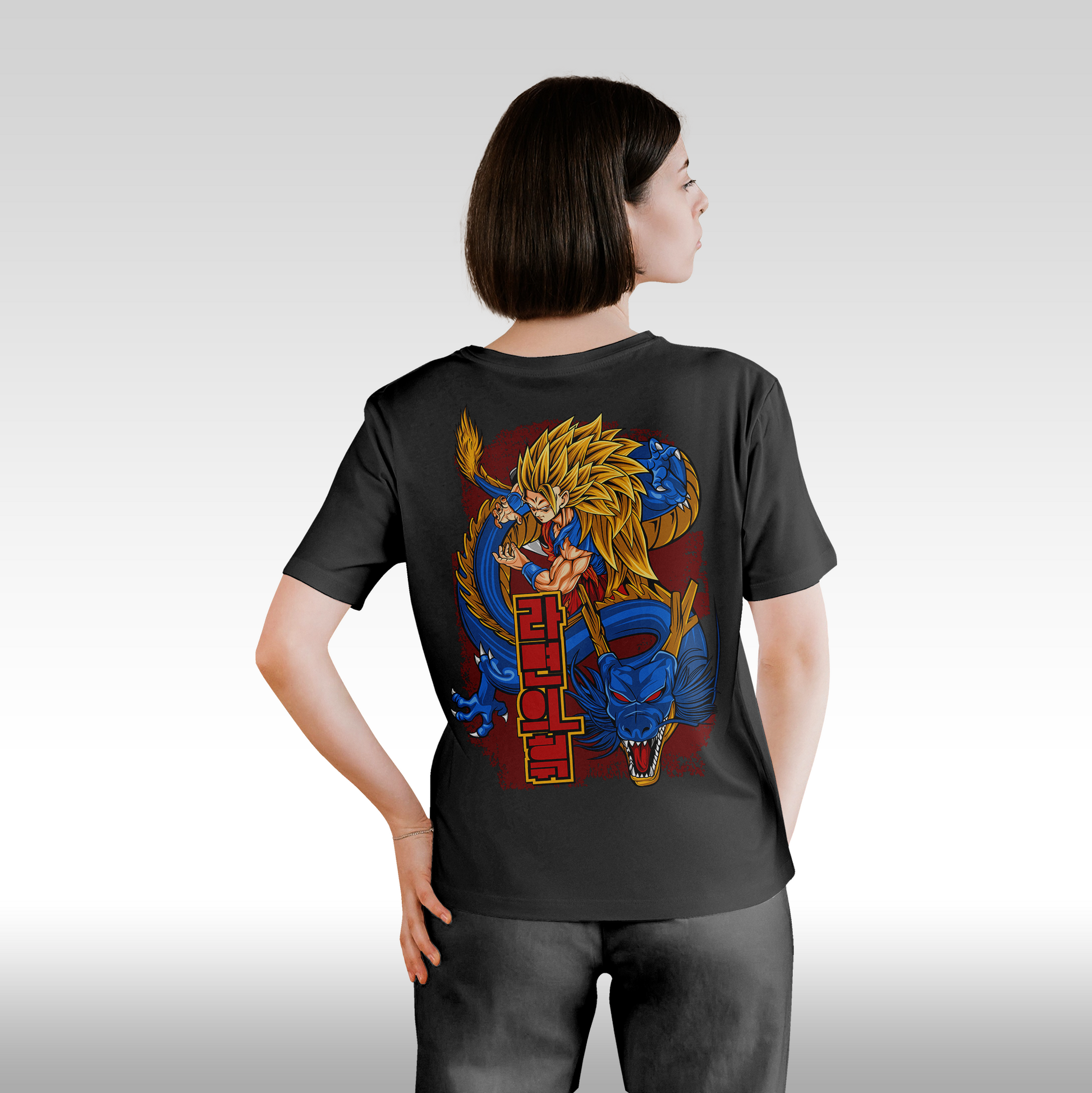Tricou Negru personalizat bumbac Spate Dama anime "Goku Super Sayan-Jin 3" streetwear