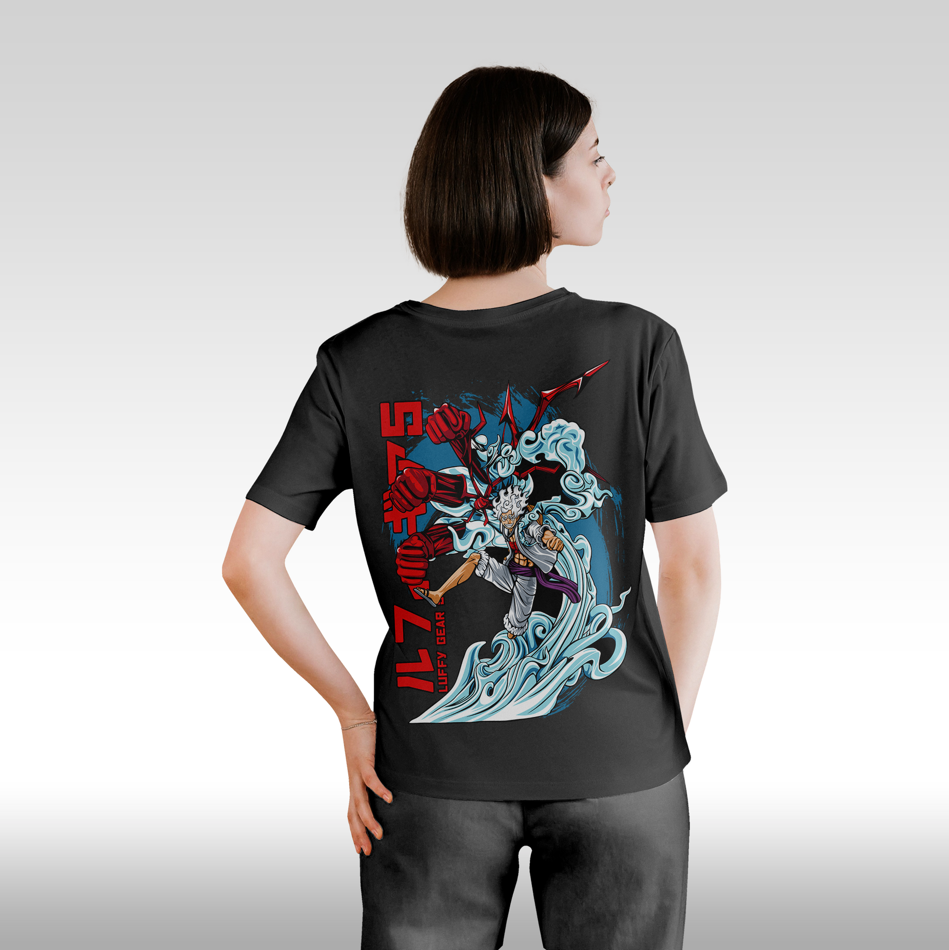 Tricou Negru personalizat bumbac Spate Dama anime "Luffy Gear 5" streetwear