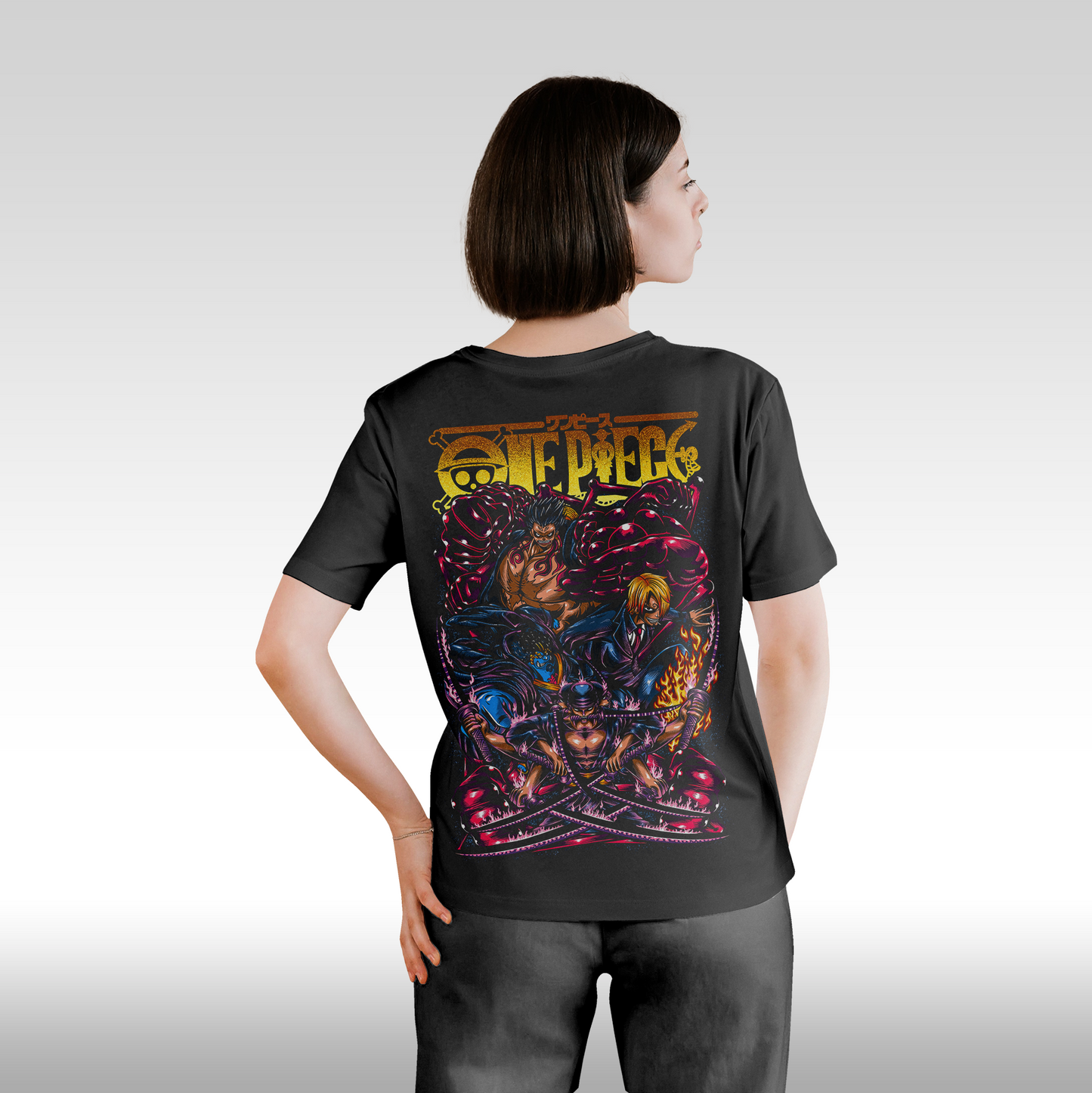 Tricou Negru personalizat bumbac Spate Dama anime "One Piece: Monster Team" streetwear
