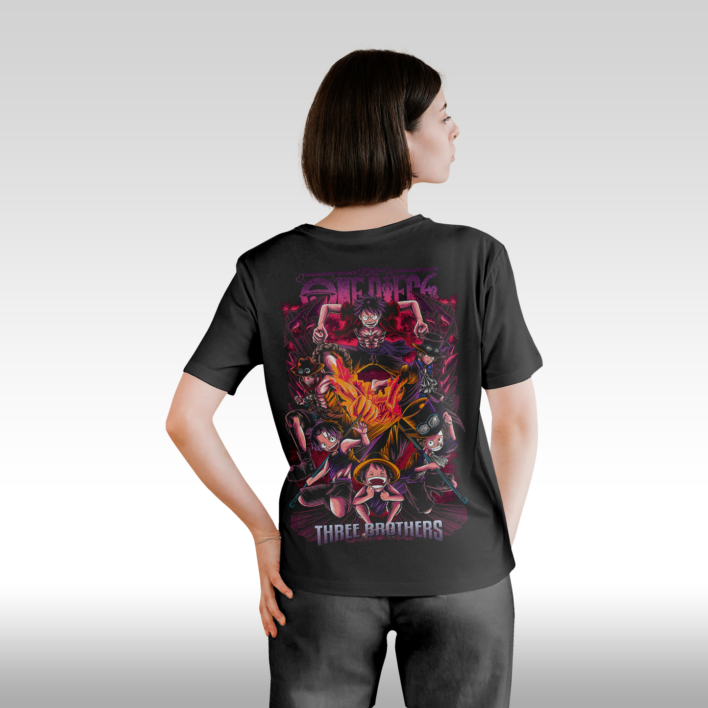 Tricou Negru personalizat bumbac Spate Dama anime "One Piece: Three Brothers" streetwear