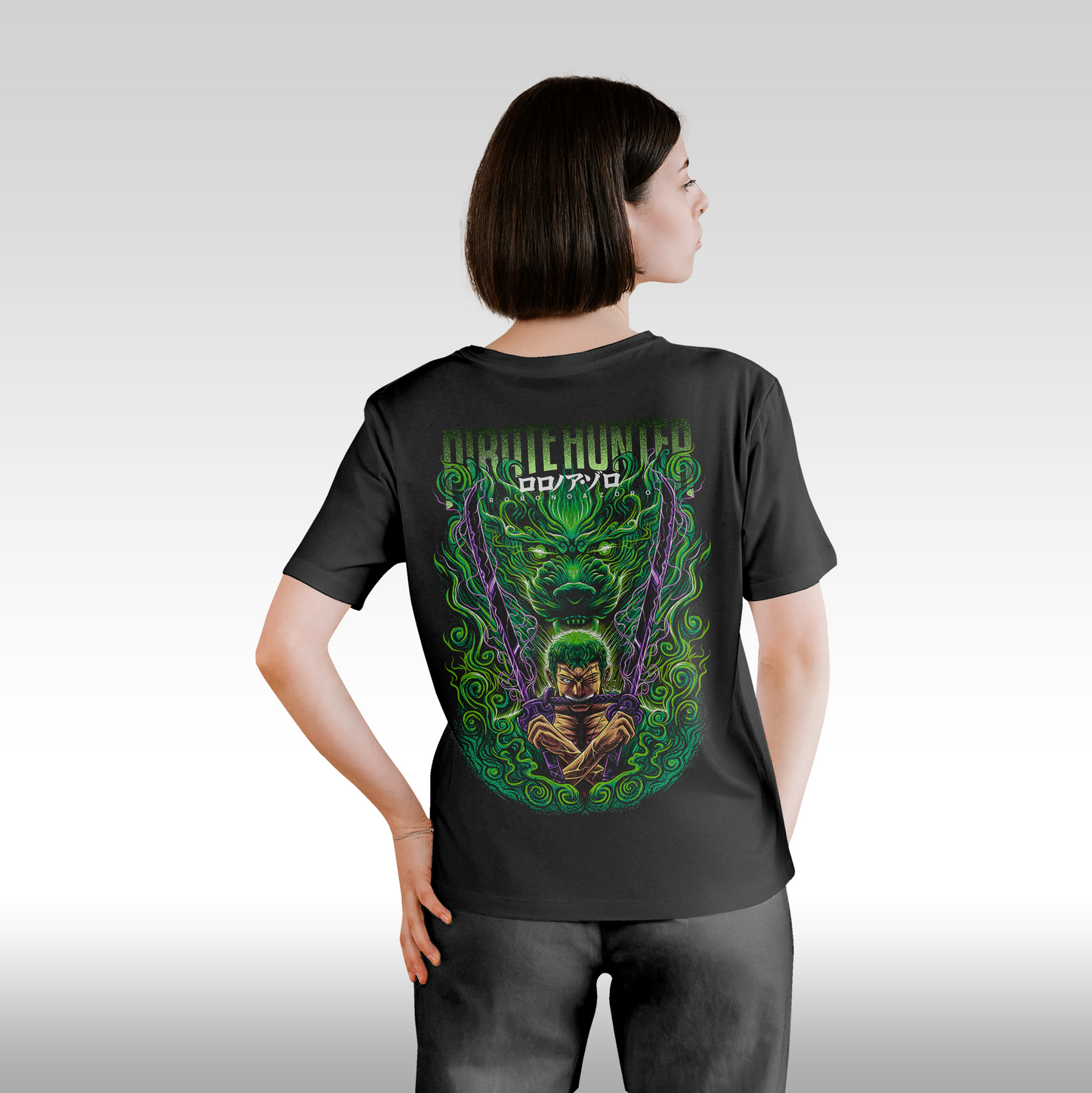 Tricou Negru personalizat bumbac Spate Dama anime "Pirate Hunter: Roronoa" streetwear