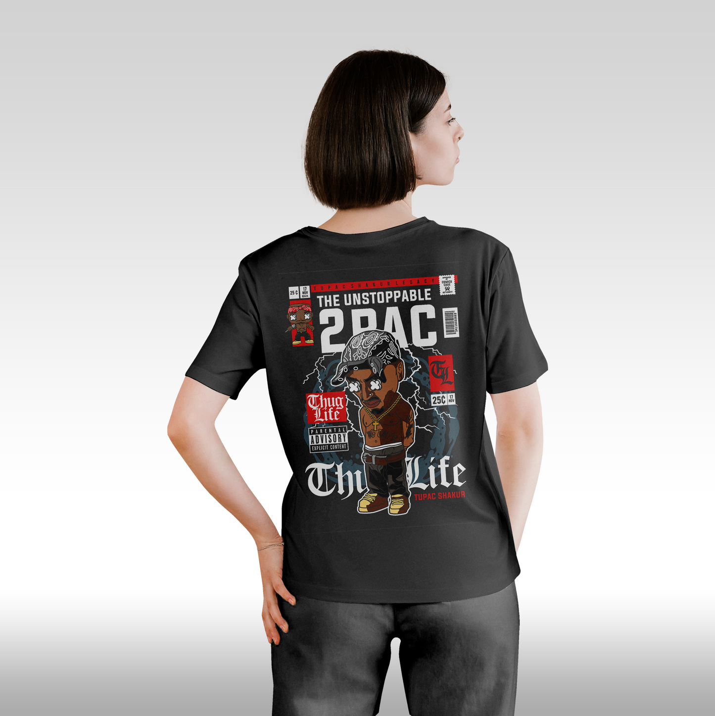 Tricou Negru personalizat bumbac Spate dama hip hop "2Pac Funko" streetwear
