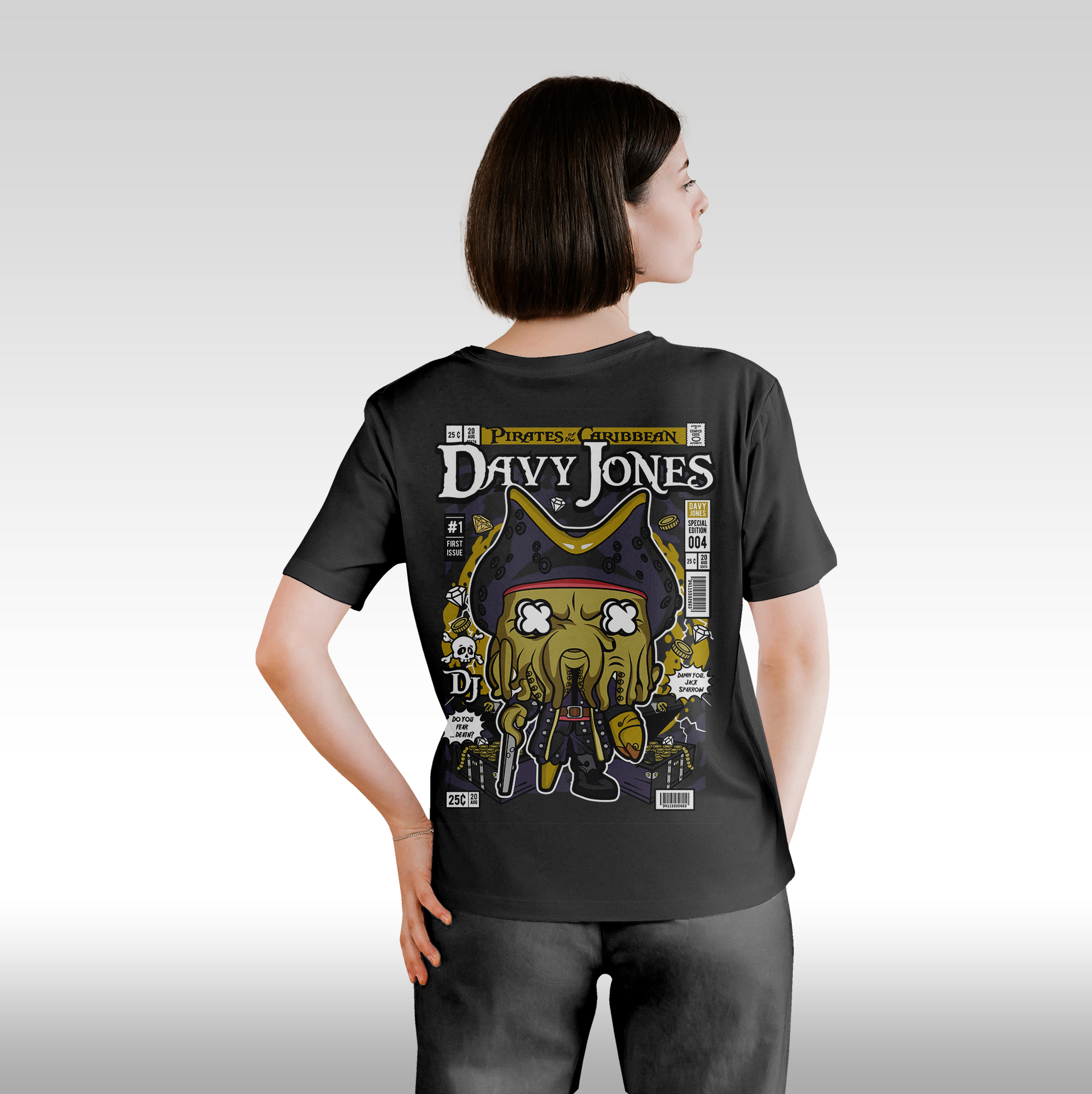 Tricou Negru personalizat bumbac Spate dama pirates "David Jones" streetwear
