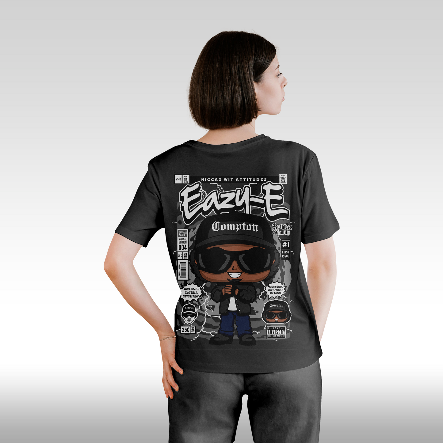 Tricou Negru personalizat bumbac Spate dama rap "Eazy-E" streetwear
