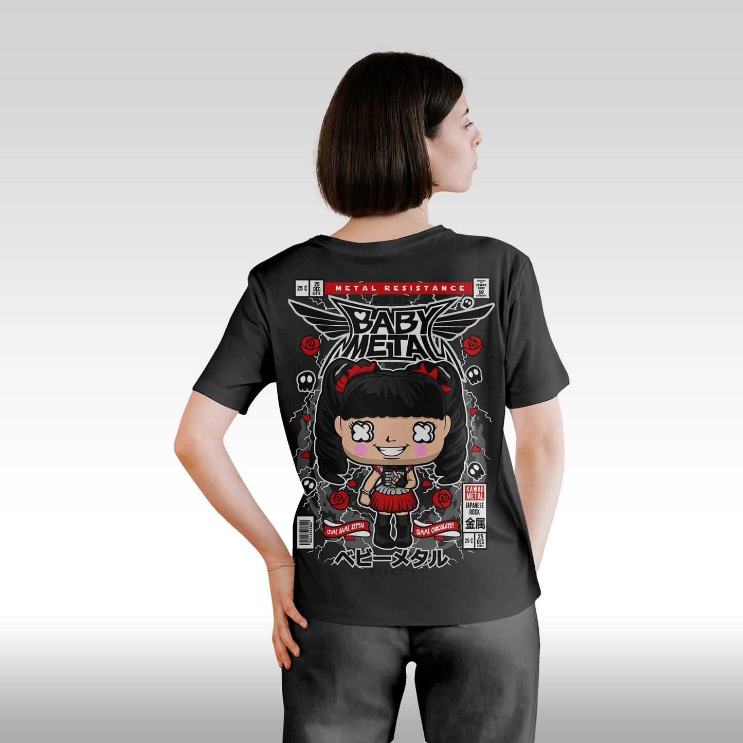 Tricou Negru personalizat bumbac Spate dama rock "Baby Metal" streetwear
