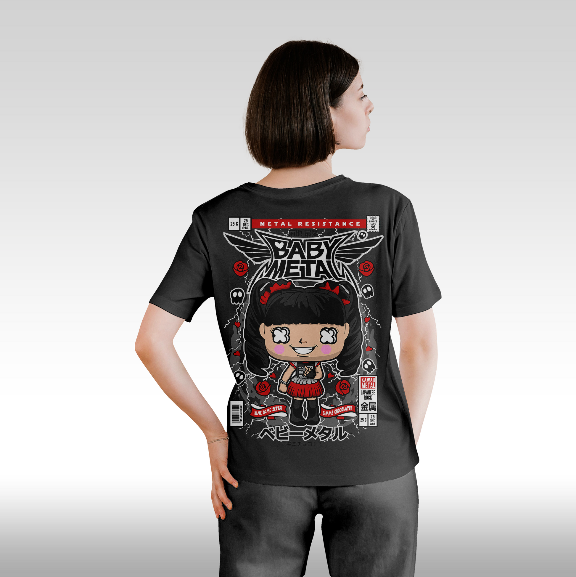 Tricou Negru personalizat bumbac Spate dama rock "Baby Metal" streetwear
