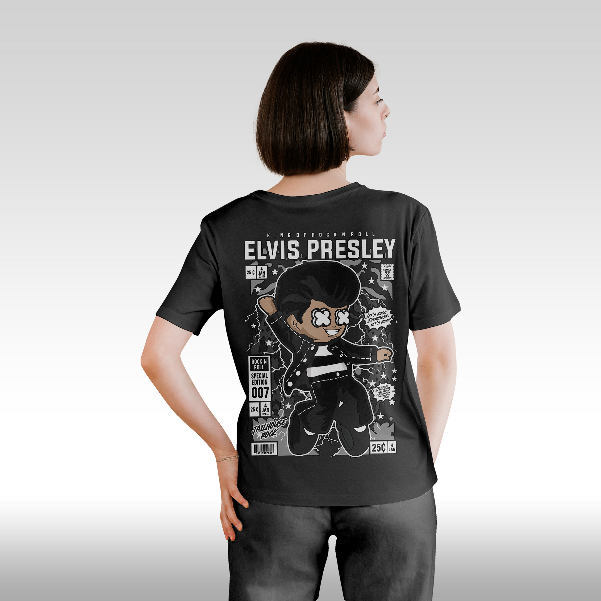 Tricou Negru personalizat bumbac Spate dama rock "Elvis Presley" streetwear
