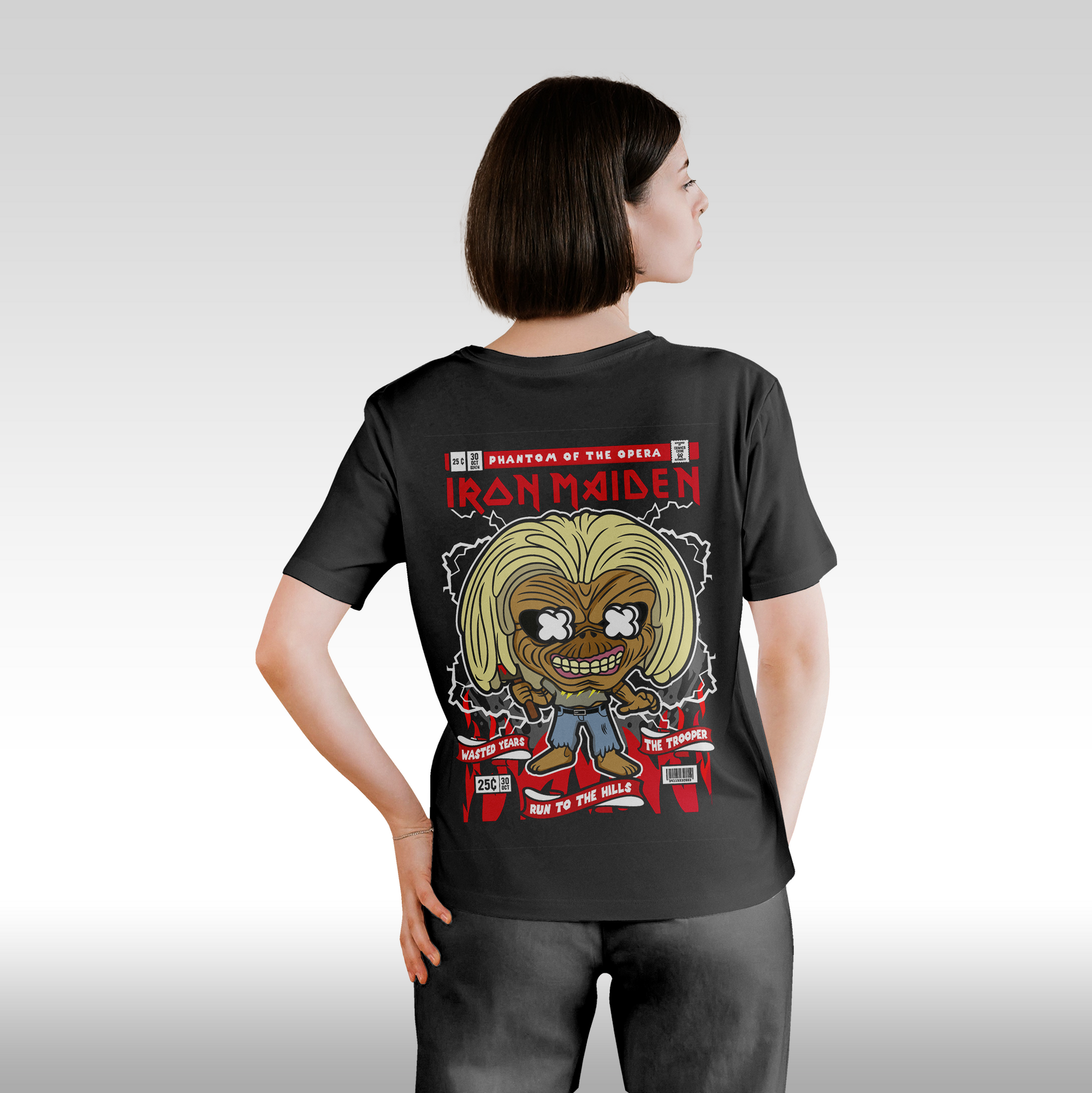 Tricou Negru personalizat bumbac Spate dama rock "Iron Maiden Funko" streetwear
