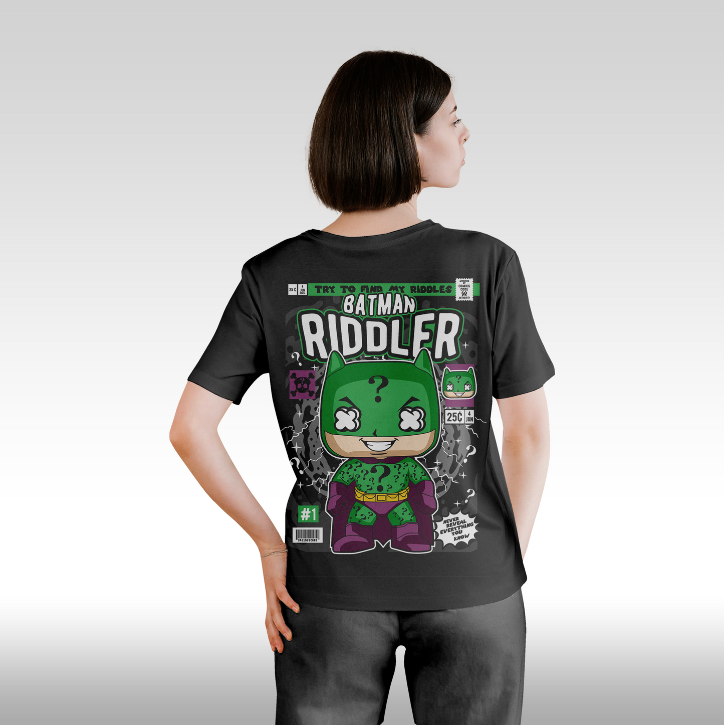 Tricou Negru personalizat bumbac Spate dama urban "Batman the Riddler" streetwear
