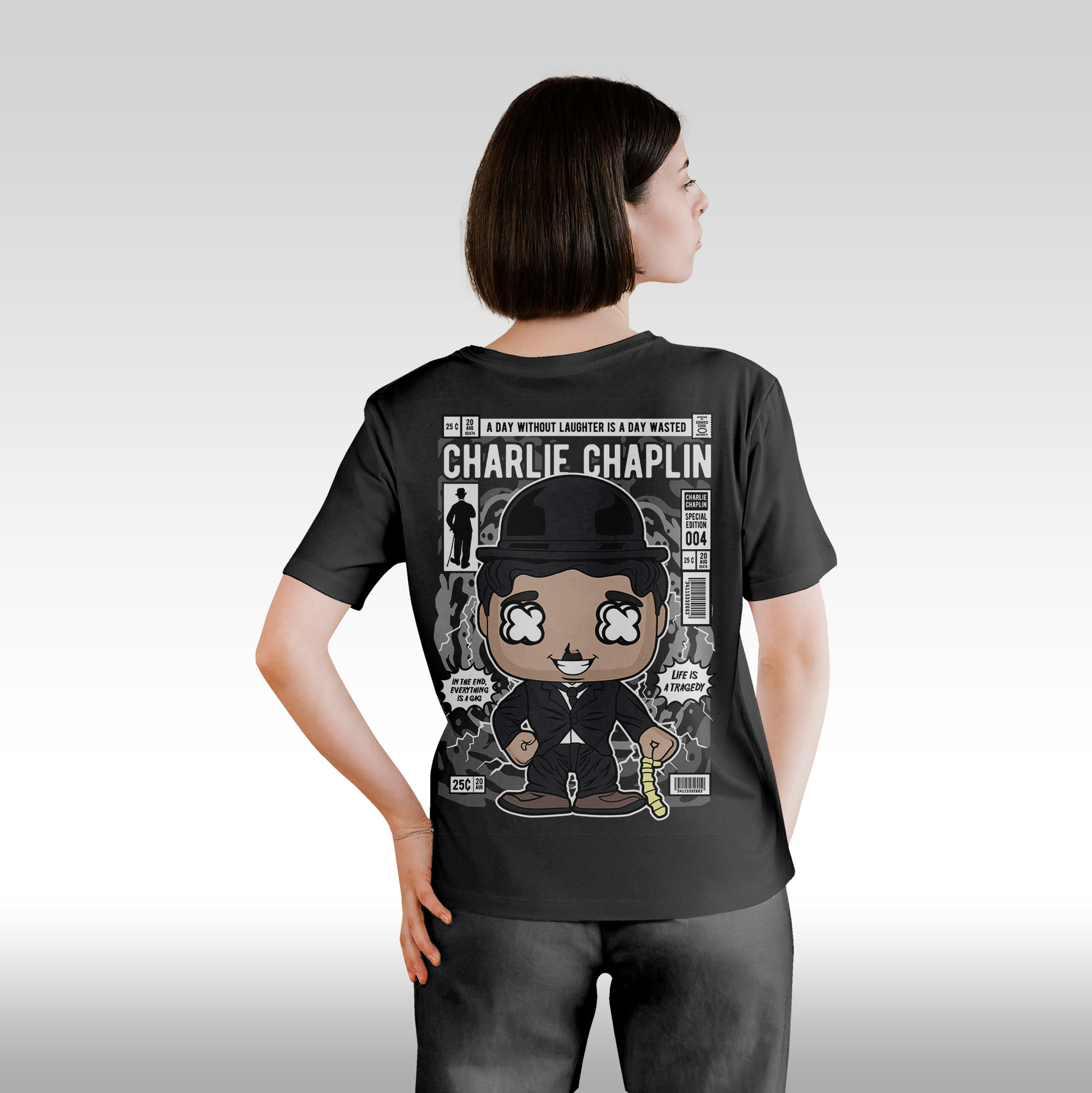 Tricou Negru personalizat bumbac Spate Dama urban "Charlie Chaplin" streetwear