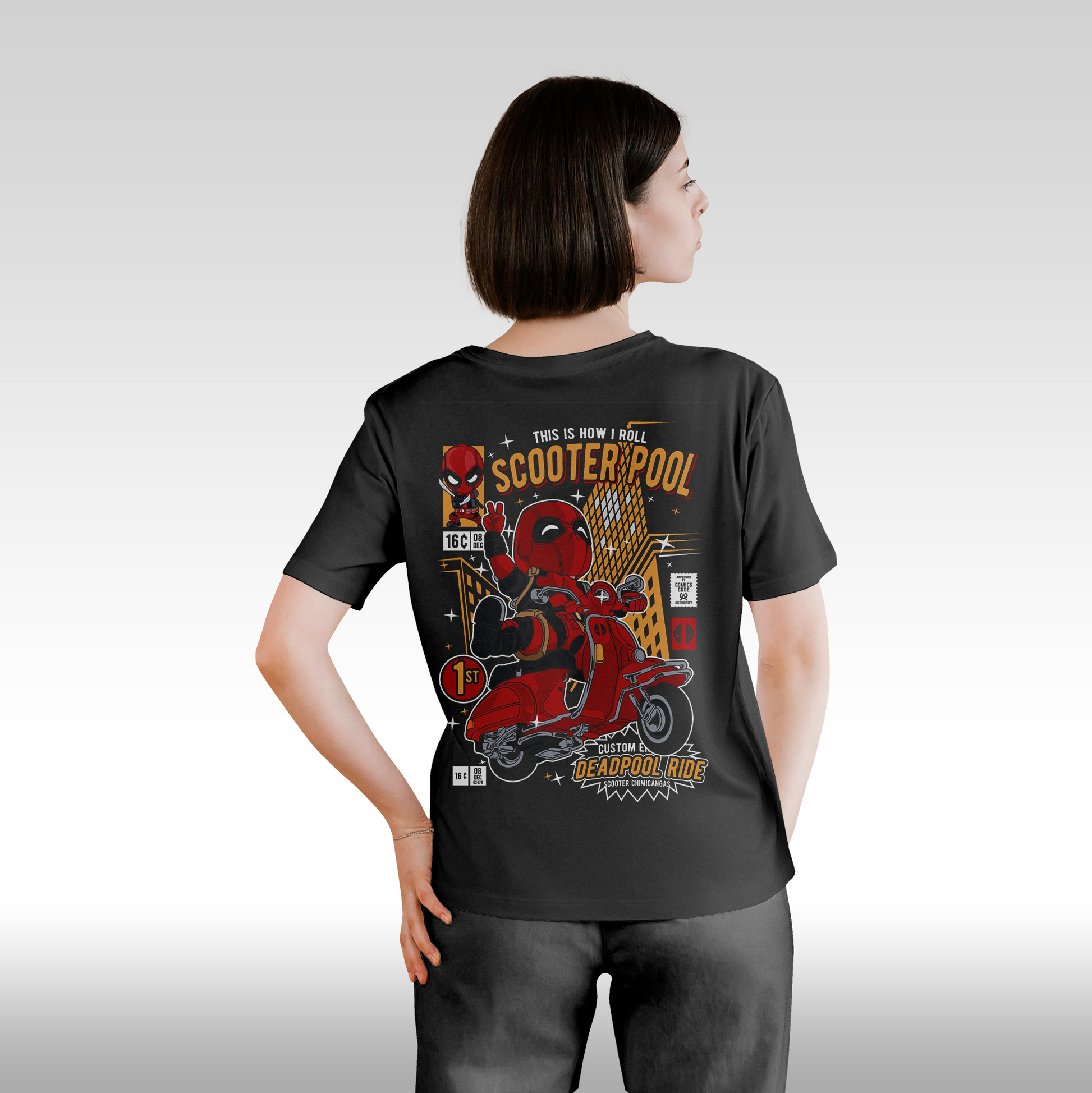 Tricou Negru personalizat bumbac Spate dama urban "DeadPool Ride" streetwear
