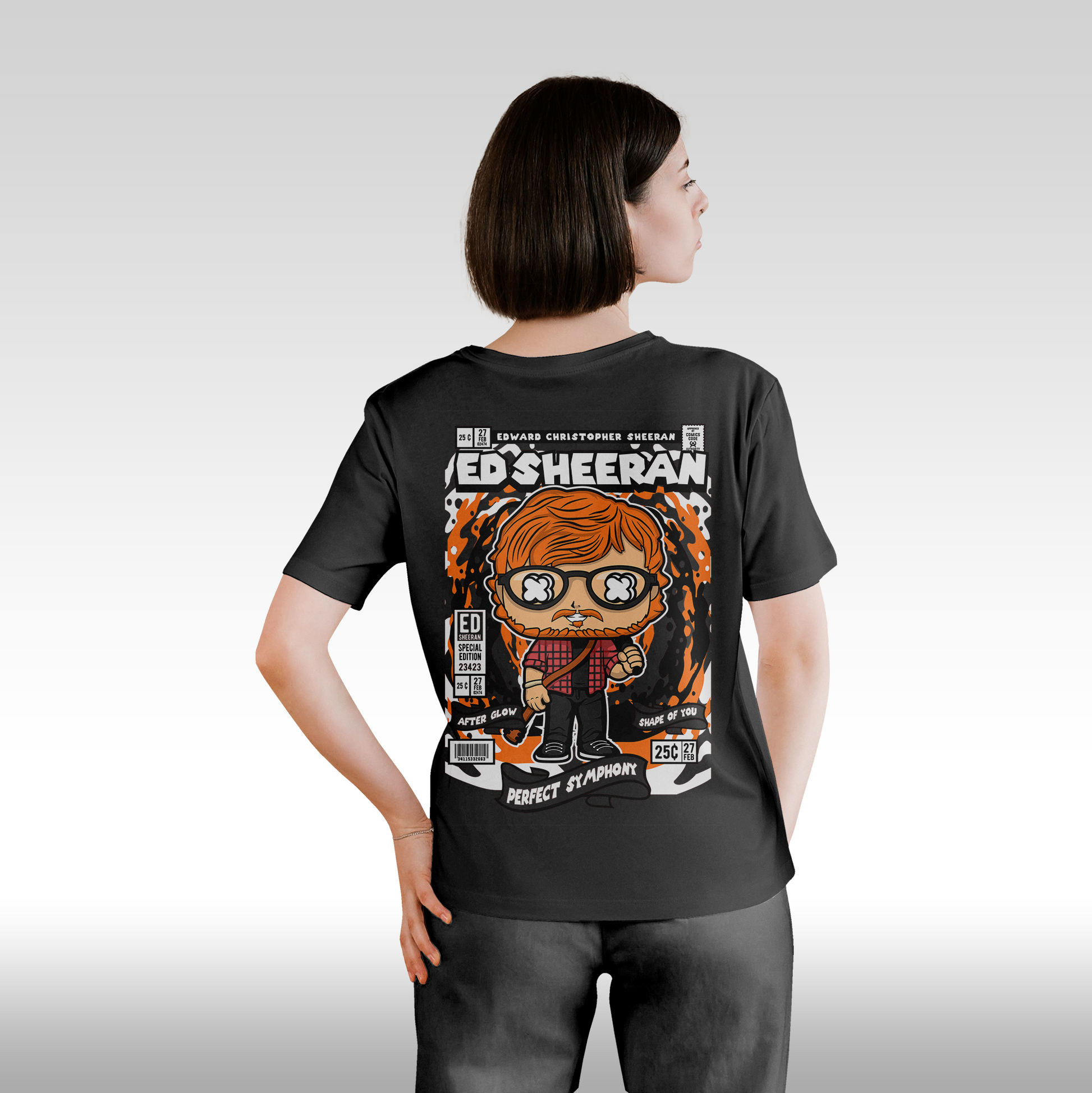 Tricou Negru personalizat bumbac Spate dama urban "ED Sheeran" streetwear
