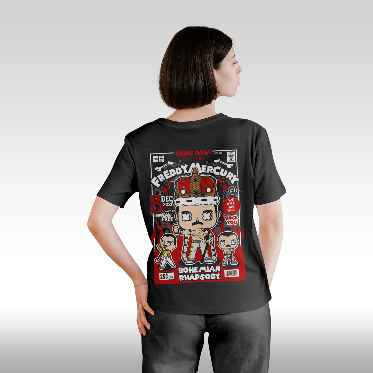 Tricou Negru personalizat bumbac Spate dama urban "Freddy-Mercury" streetwear
