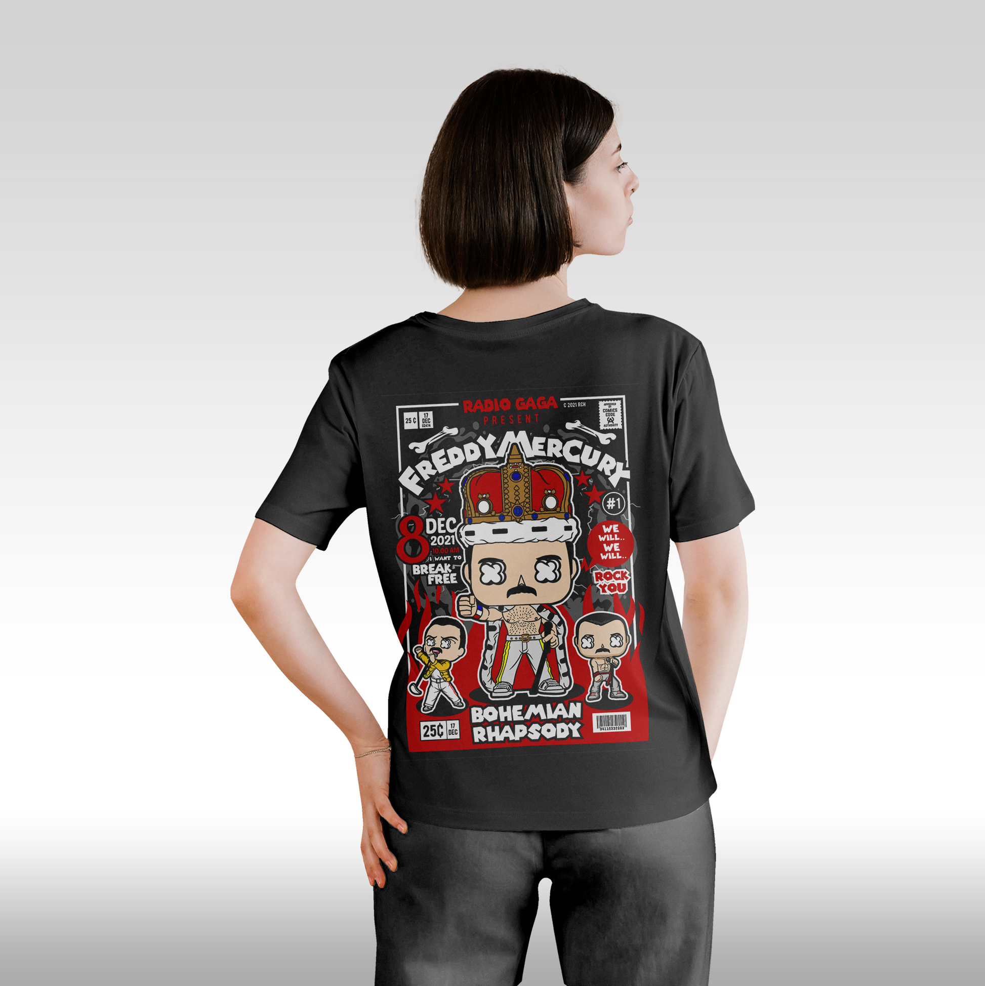 Tricou Negru personalizat bumbac Spate dama urban "Freddy-Mercury" streetwear
