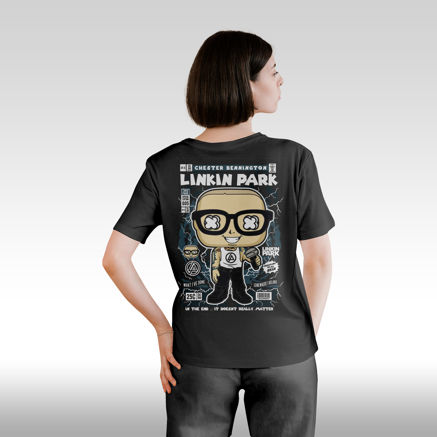 Tricou Negru personalizat bumbac Spate dama urban "Linkin Park" streetwear
