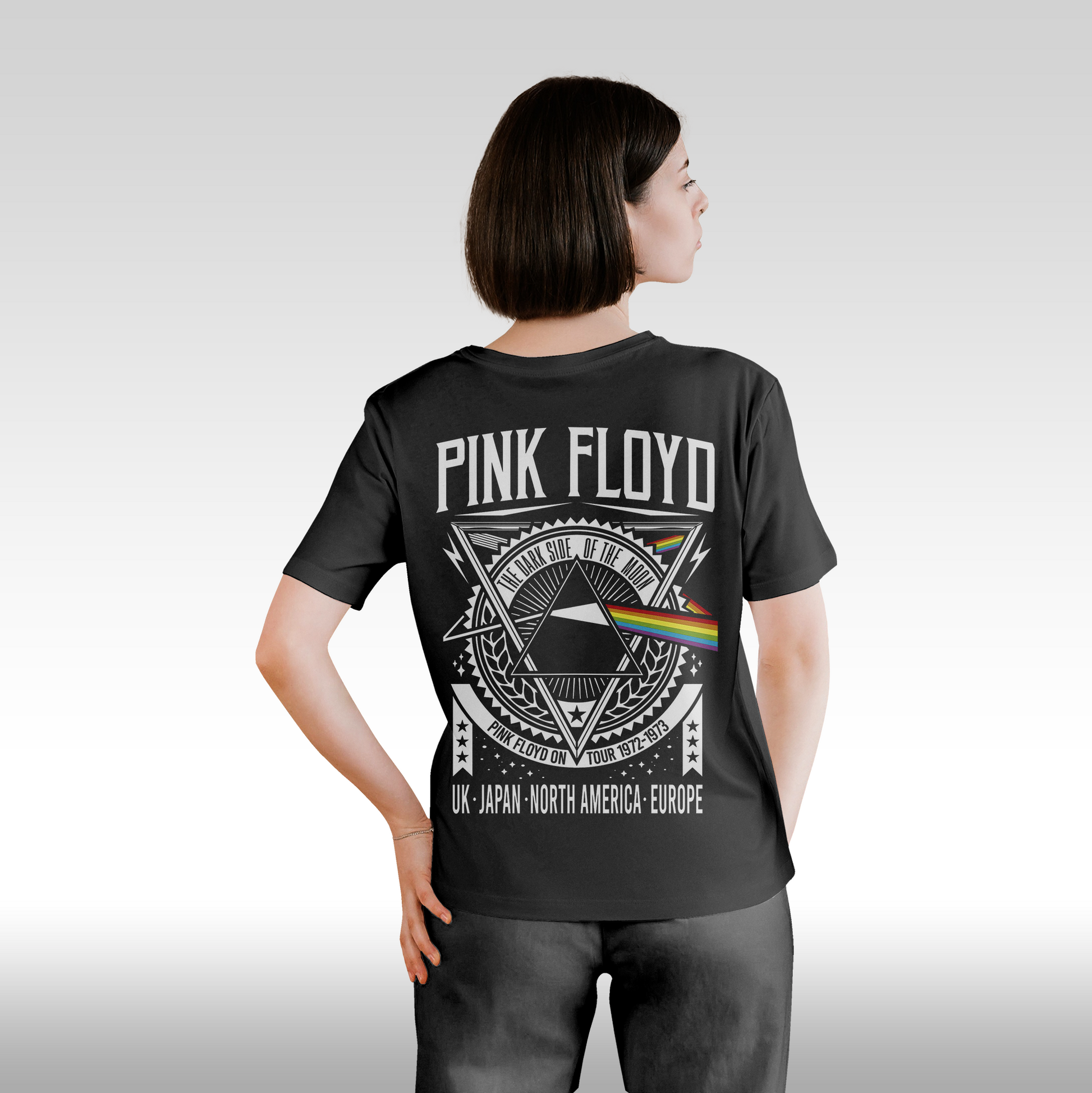 Tricou Negru personalizat bumbac Spate dama urban "Pink Floyd The Dark Side of The Moon" streetwear
