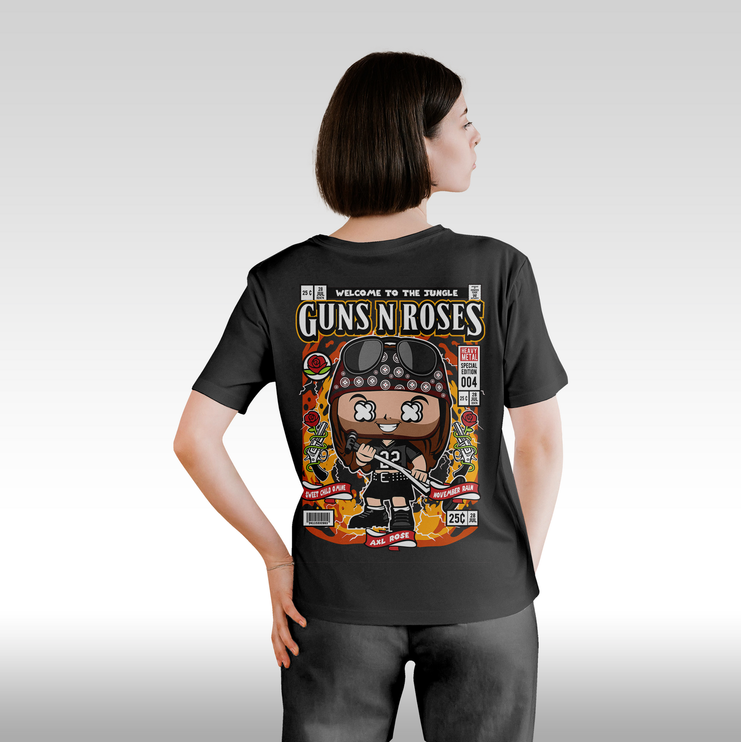 Tricou Negru personalizat bumbac Spate dama urban rock "Guns~N~Roses" streetwear
