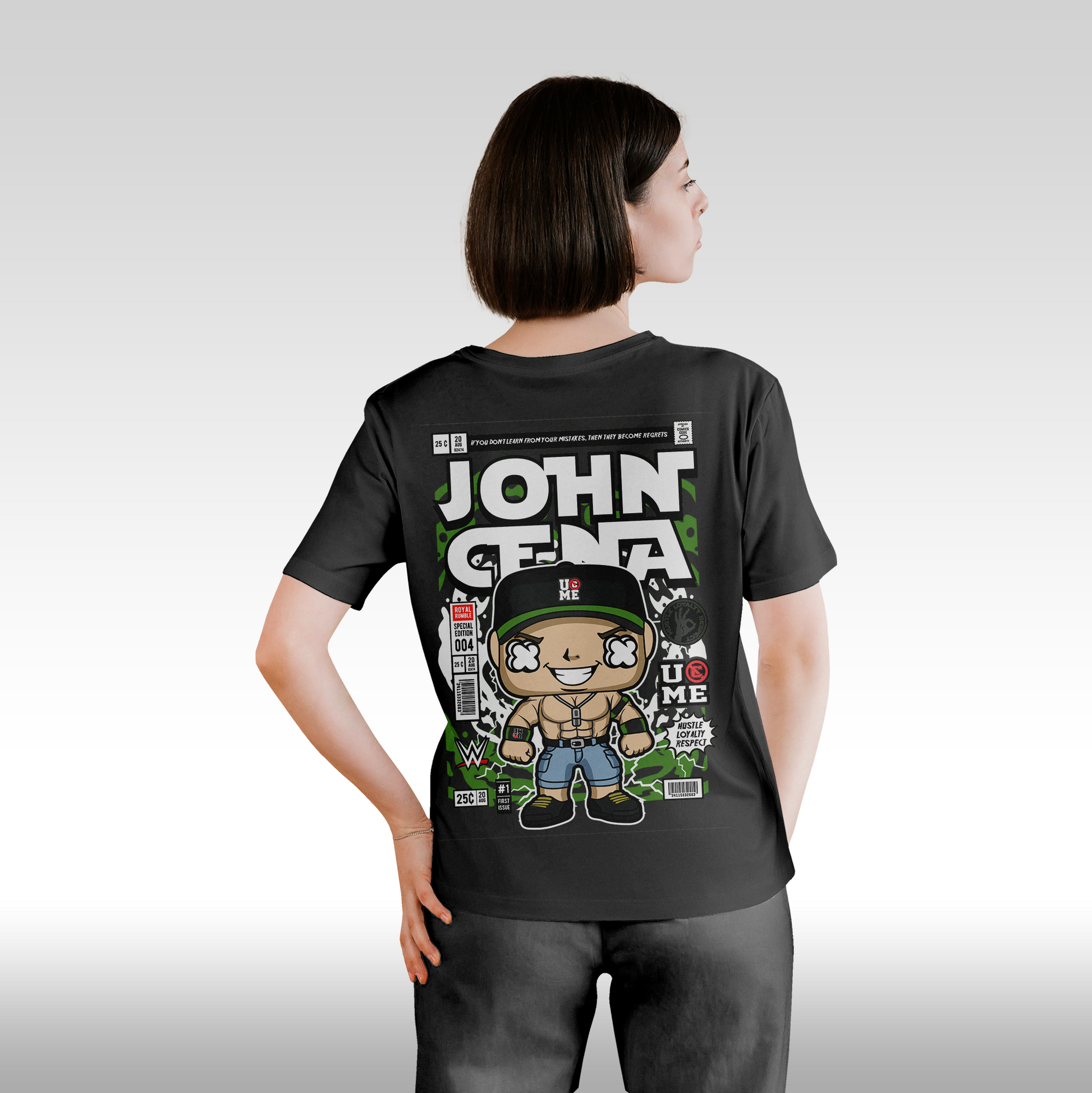 Tricou Negru personalizat bumbac Spate dama wrestling "John Cena Funko" streetwear
