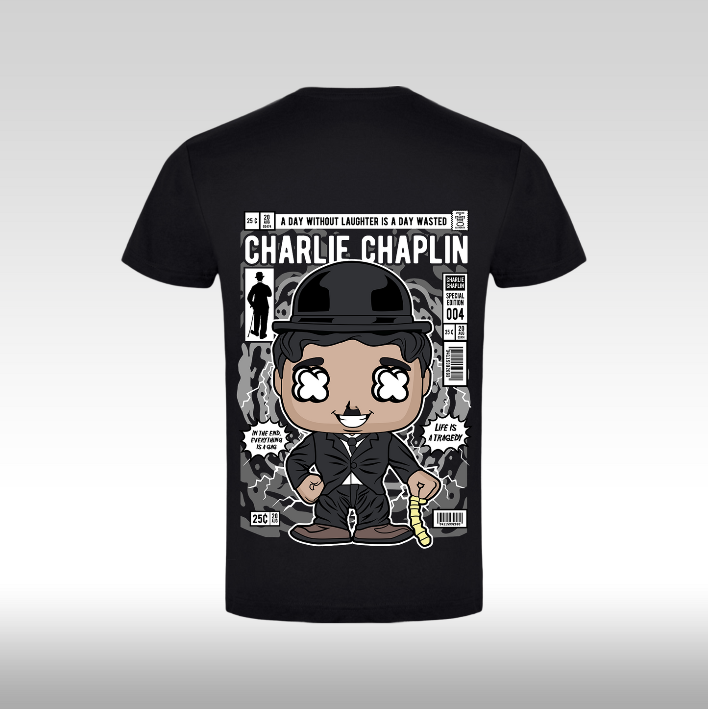 Tricou Negru personalizat bumbac Spate urban "Charlie Chaplin" streetwear
