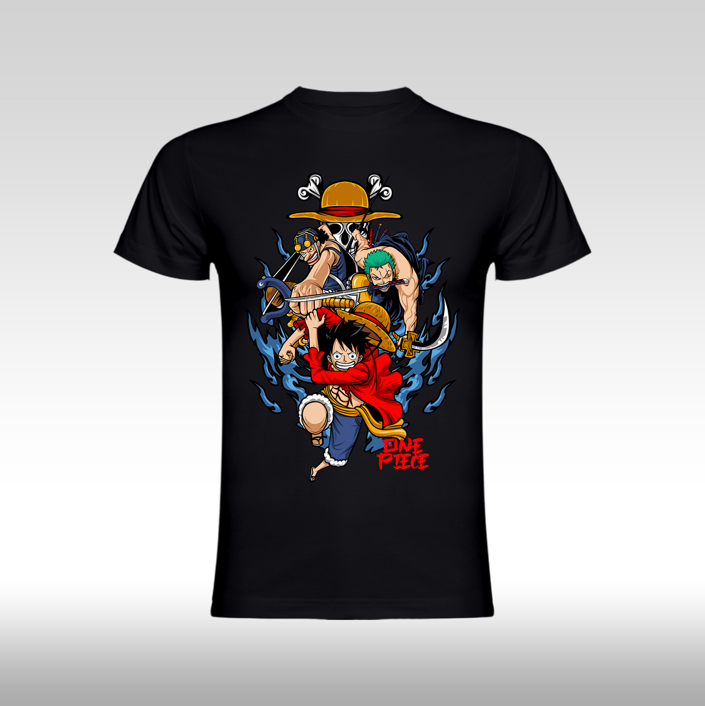 Tricou Negru personalizat bumbac anime "One Piece: Luffy, Zoro, Usopp" streetwear
