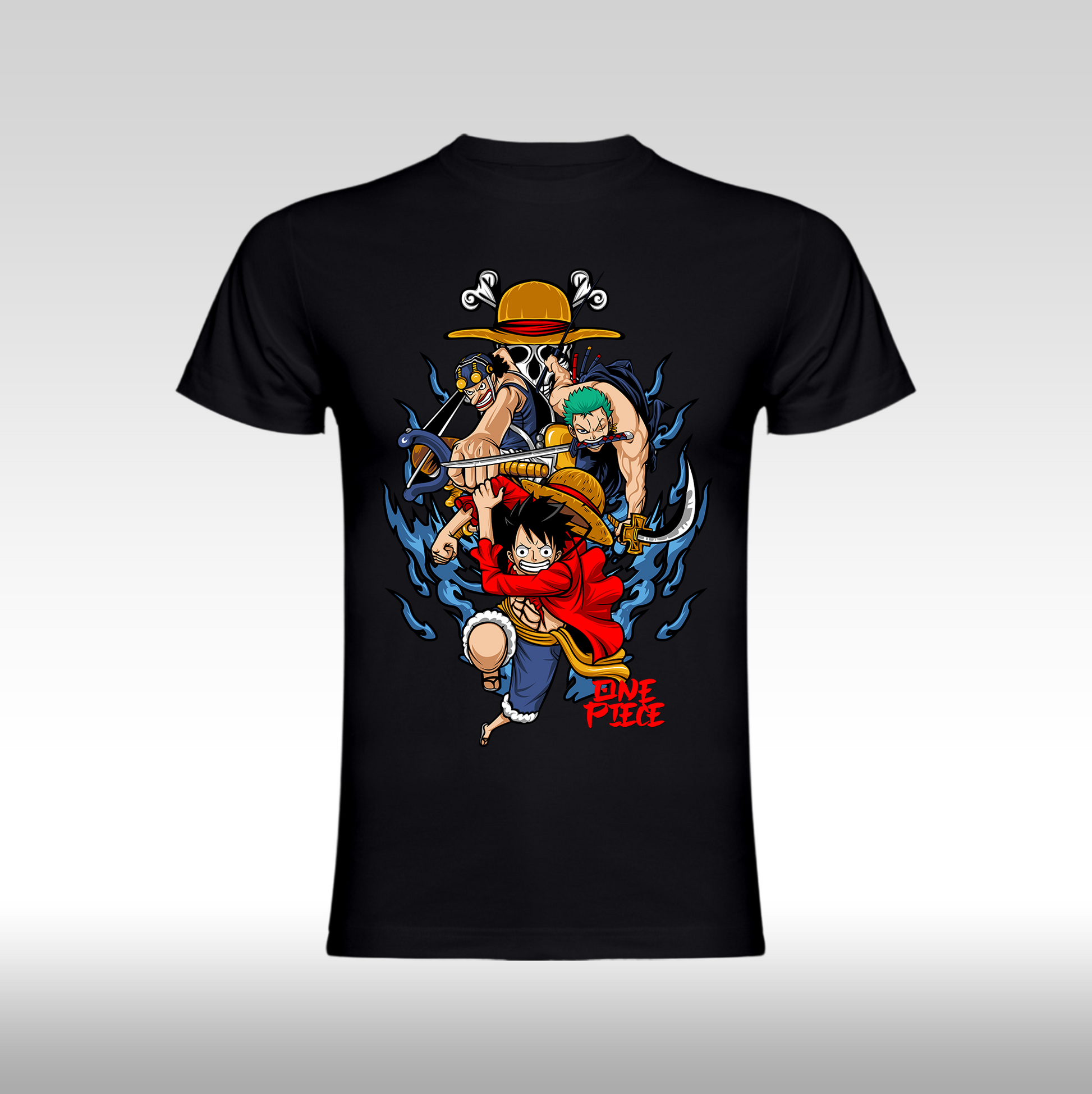 Tricou Negru personalizat bumbac anime "One Piece: Luffy, Zoro, Usopp" streetwear
