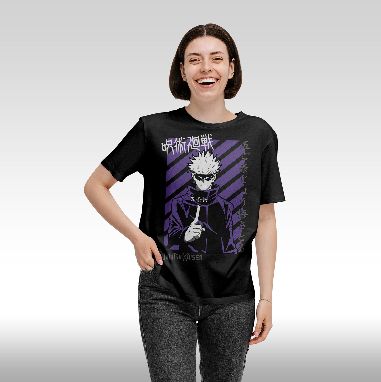 Tricou negru personalizat bumbac fata dama anime "Jujutsu Kaisen: Satoru Gojo Front" streetwear
