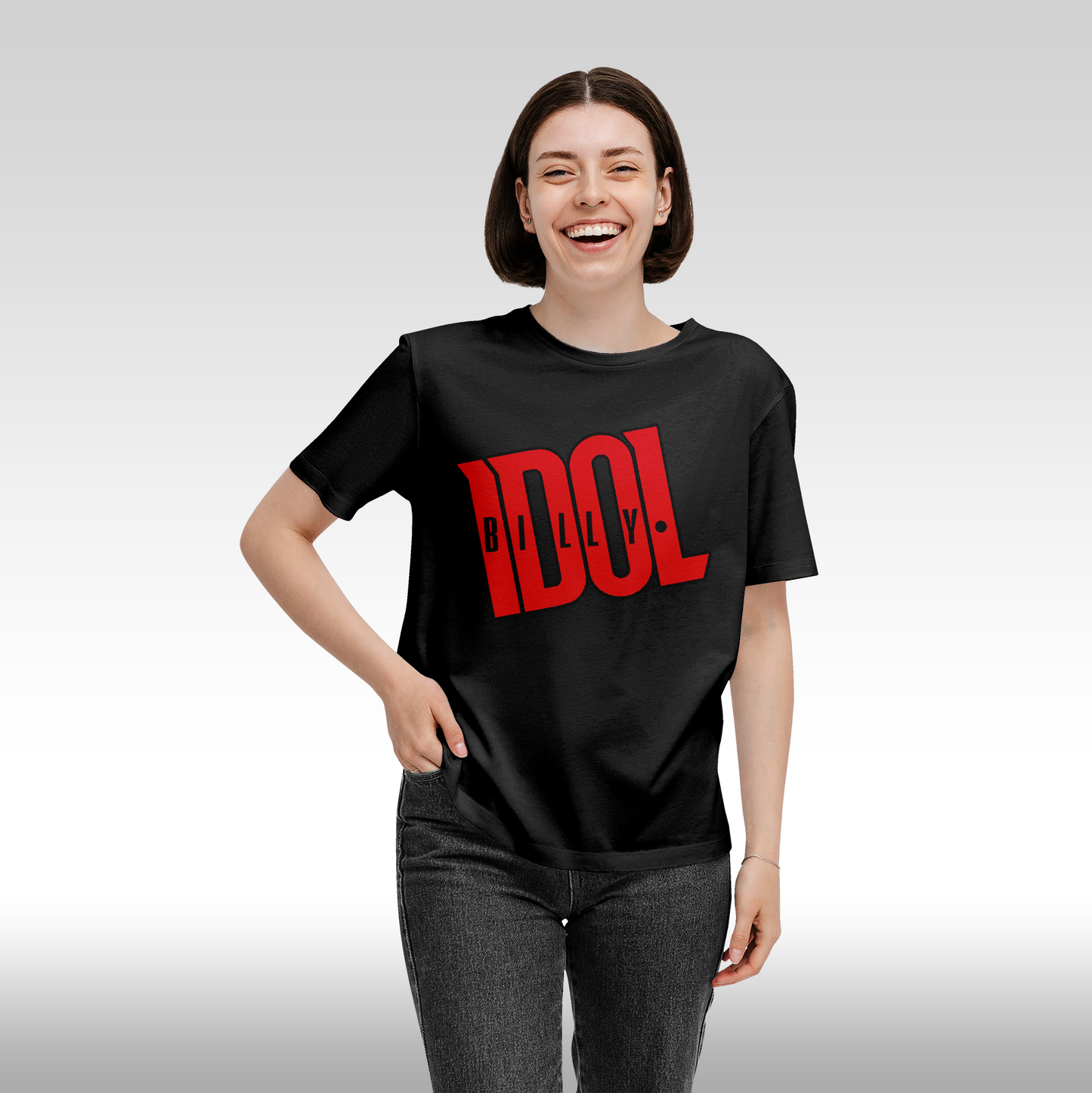 Tricou Negru personalizat bumbac fata dama rock "Billy Idol" streetwear
