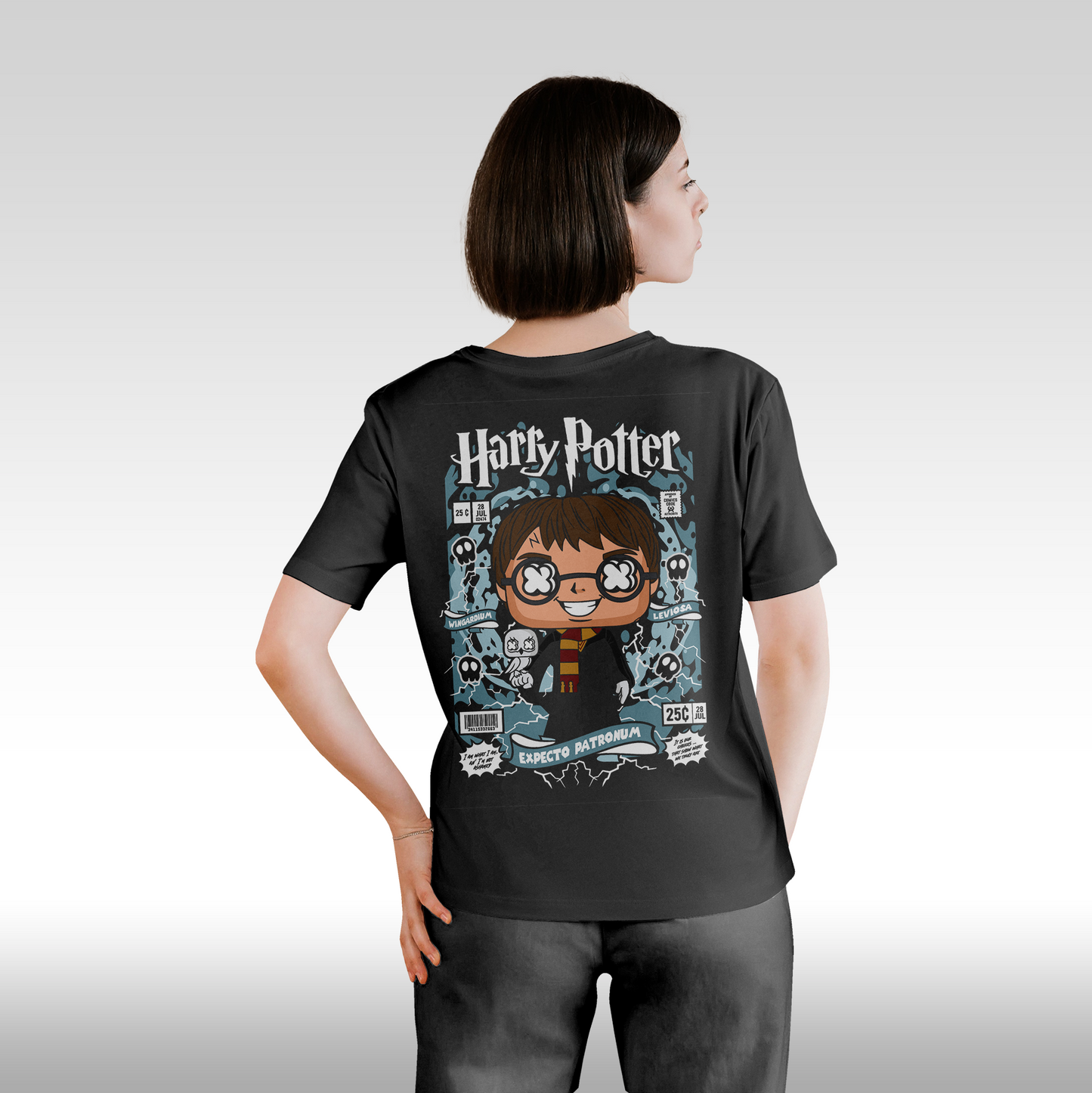 Tricou Negru personalizat bumbac spate dama anime "Harry Potter Funko" streetwear
