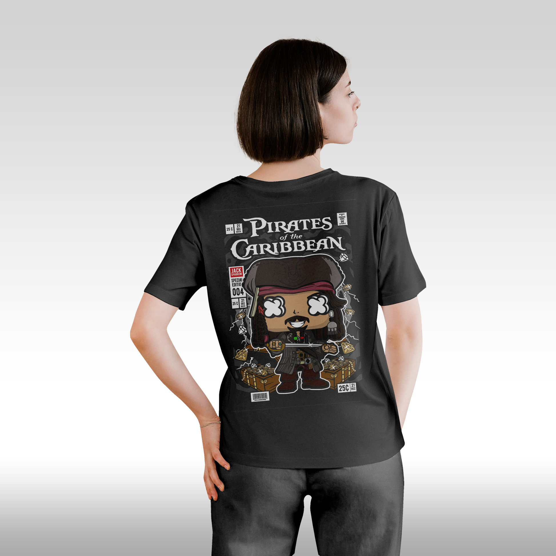 Tricou Negru personalizat bumbac spate dama pirat "Pirates of the Caribbean" streetwear
