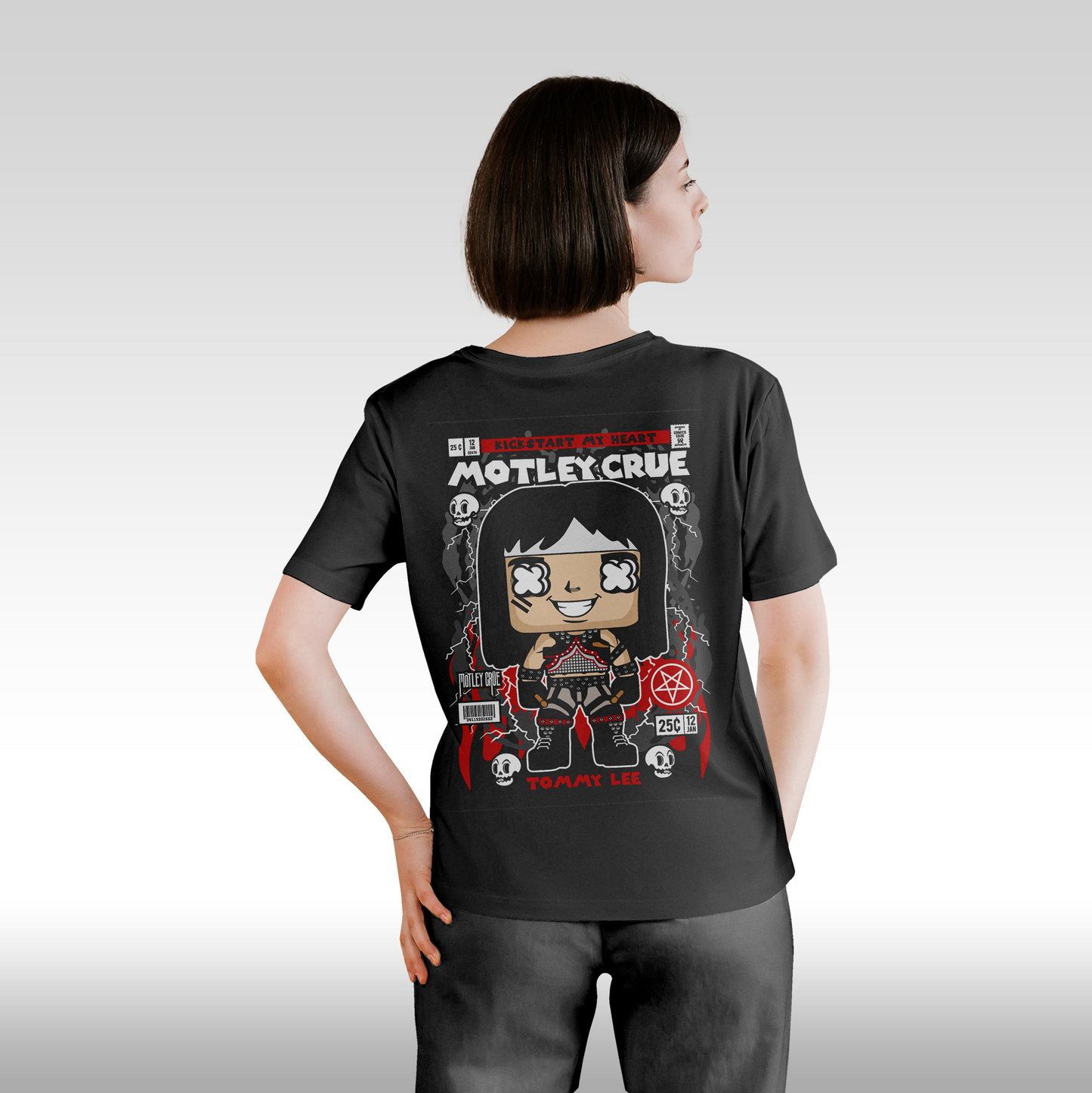 Tricou Negru personalizat bumbac spate dama rock "Motley Crue Funko" streetwear
