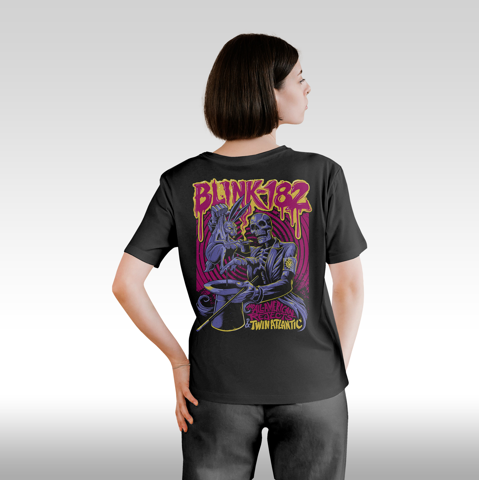 Tricou Negru personalizat bumbac spate dama urban "Blink 182 The All-American Rejects" streetwear
