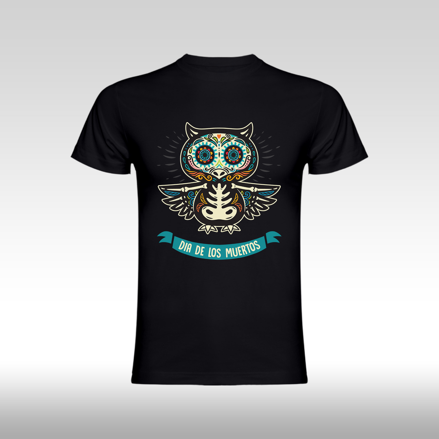 Tricou Negru personalizat bumbac urban "Dia De Los Muertos bufnita" streetwear
