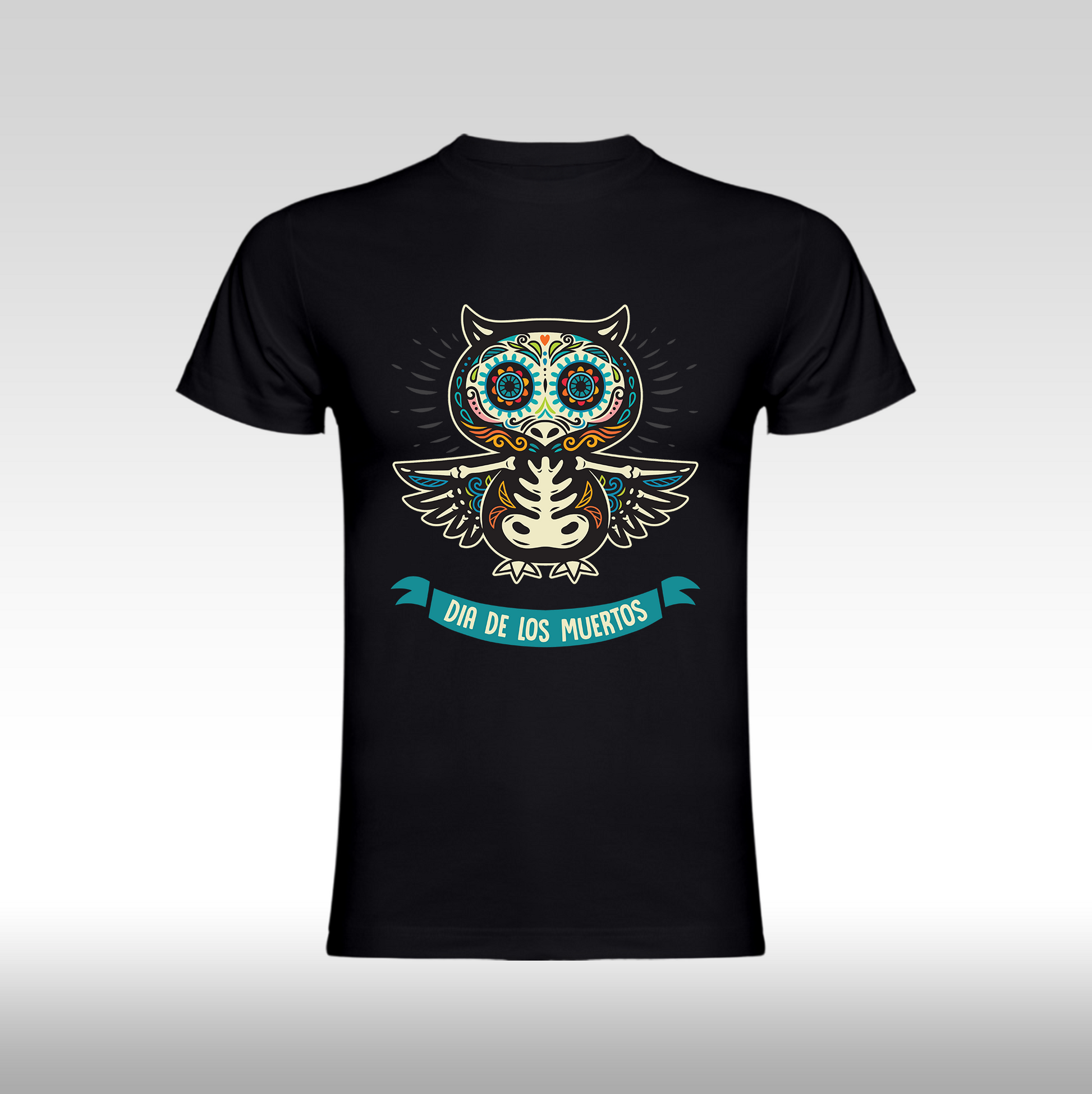 Tricou Negru personalizat bumbac urban "Dia De Los Muertos bufnita" streetwear

