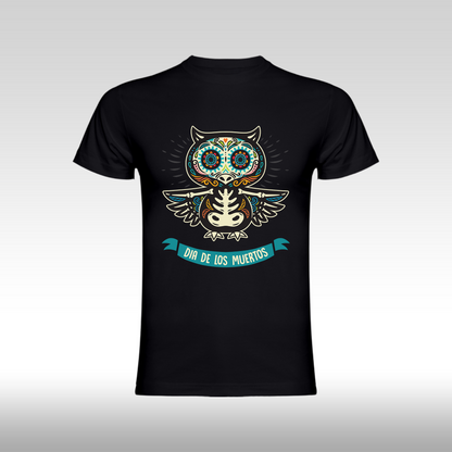 Tricou Negru personalizat bumbac urban "Dia De Los Muertos bufnita" streetwear
