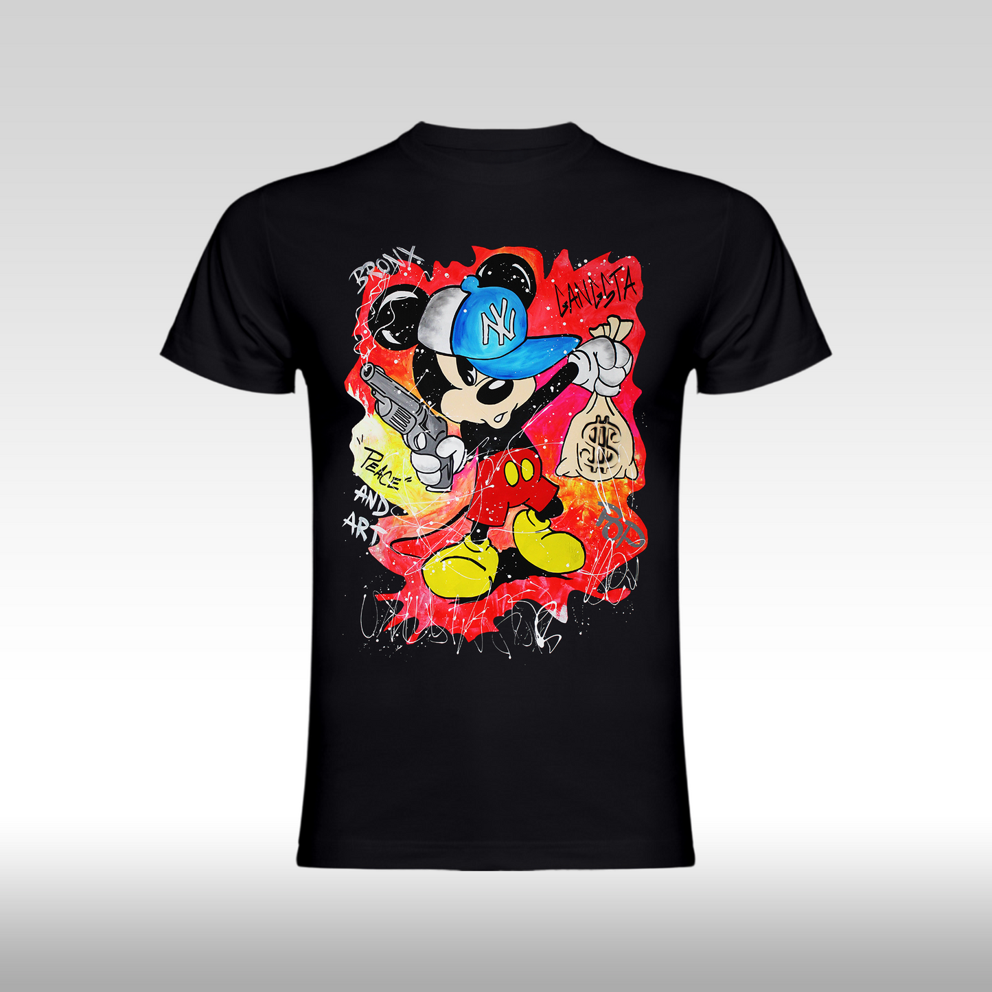 Tricou Negru personalizat bumbac urban "Gangsta Mickey Mouse" streetwear
