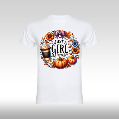 Tricou alb personalizat bumbac Fata Dama anime "Just a Girl Who Loves Fall" streetwear
