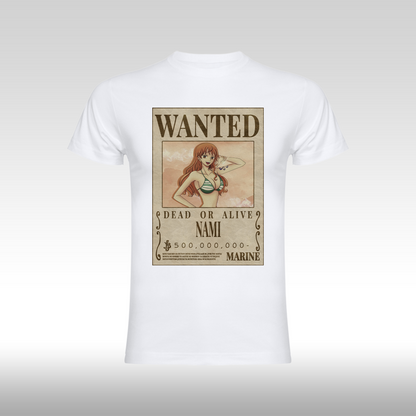 Tricou alb personalizat bumbac Fata anime "WANTED : Nami" streetwear
